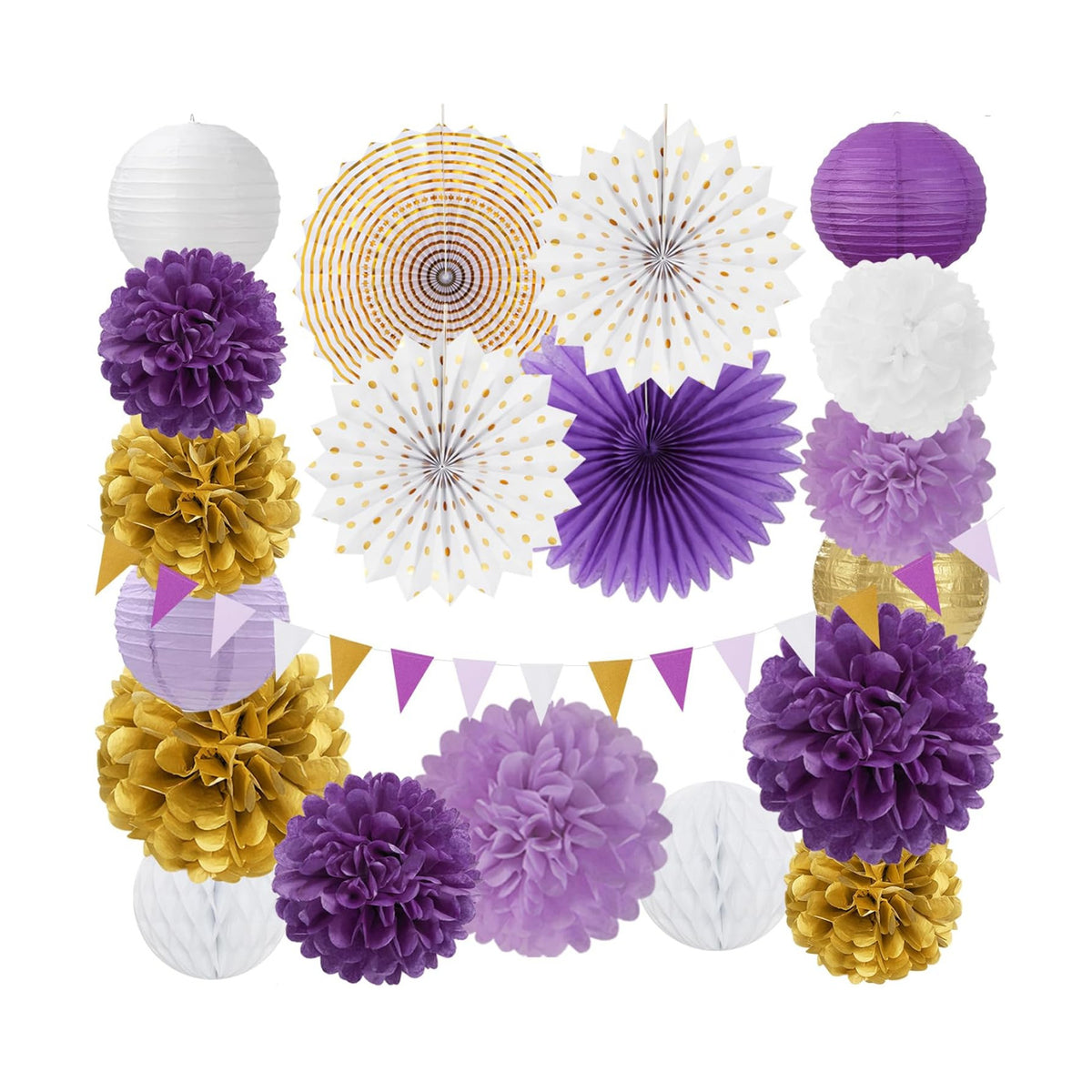 Purple-Lavender White Gold Party Decorations - 20pcs Graduation Birthday Paper Lanterns Fans,Tissue Pom Poms,Honeycomb Balls,Baby Shower Bridal Wedding Bachelorette Valentines Day Decor Burgleda