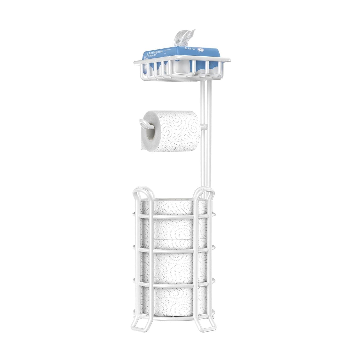 TomCare Toilet Paper Holder Free Standing with Shelf, Stable 4 Raised Feet | Stores 4 Mega Rolls, Tool-Free Assembly
