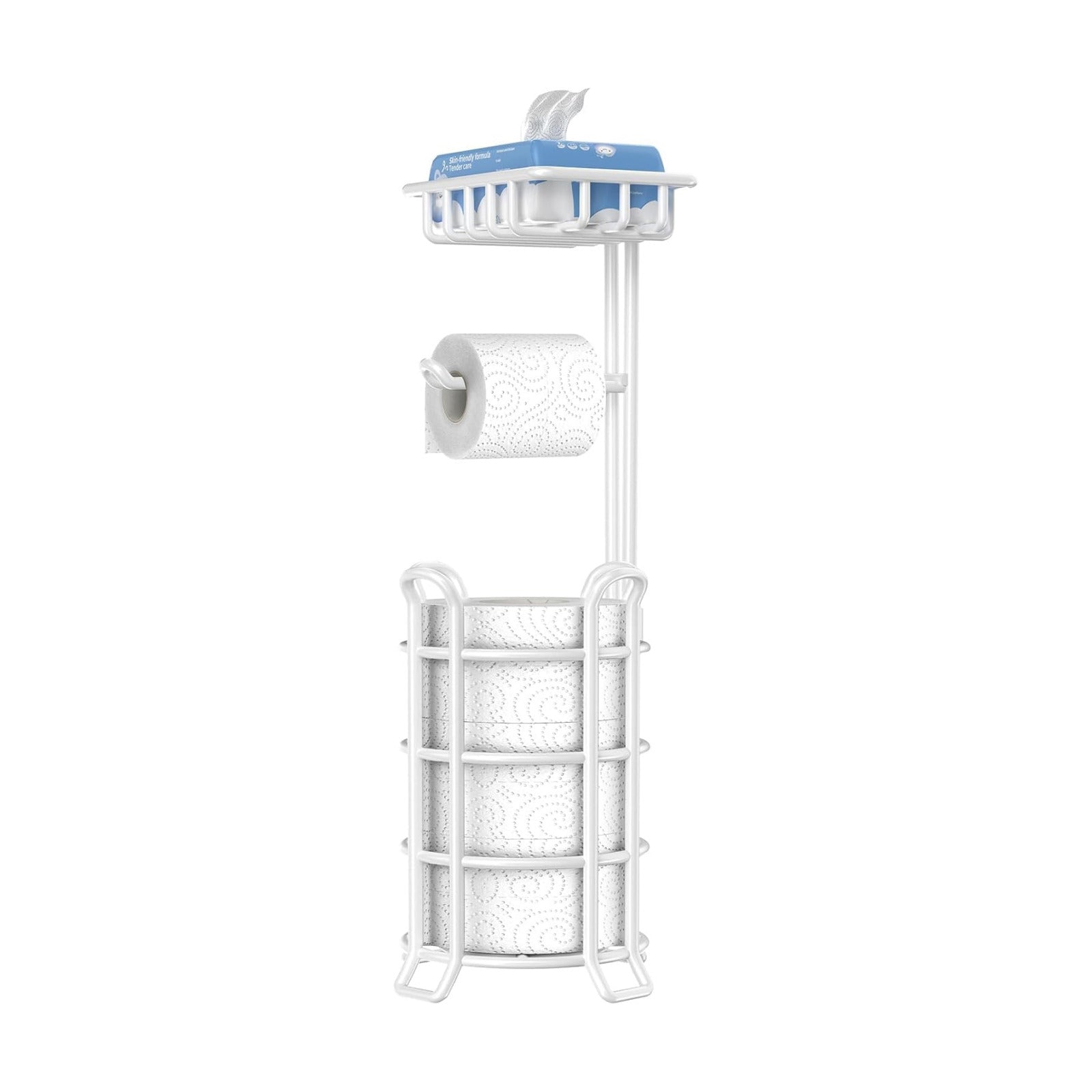 TomCare Toilet Paper Holder Free Standing with Shelf, Stable 4 Raised Feet | Stores 4 Mega Rolls, Tool-Free Assembly