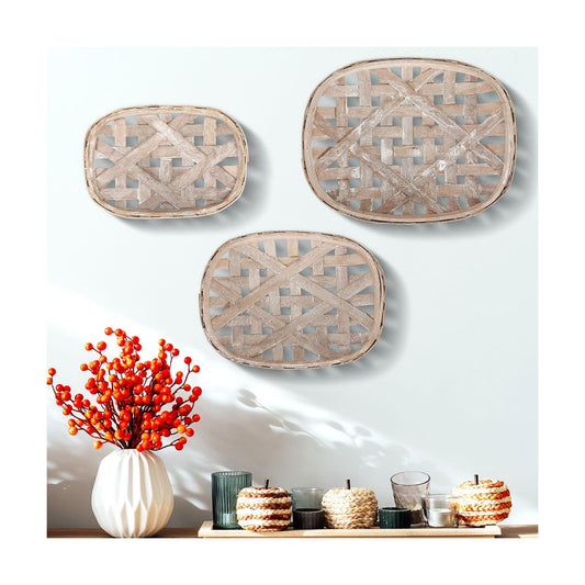 Rustic Baskets Decoration Vintage Woven Wooden Basket Farmhouse Wooden Nesting Trays / Set of 3