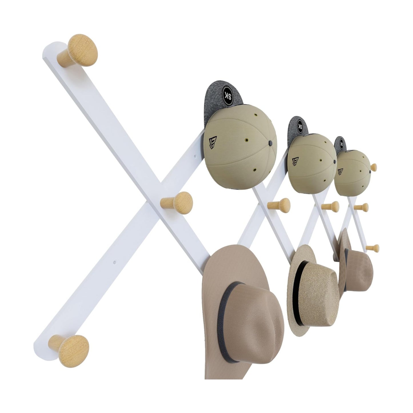 SKOLOO Large Hat Rack for Wall, Wooden Accordion Wall Hanger, Modern, Expandable Coat Hooks, Hat Display Rack for Home