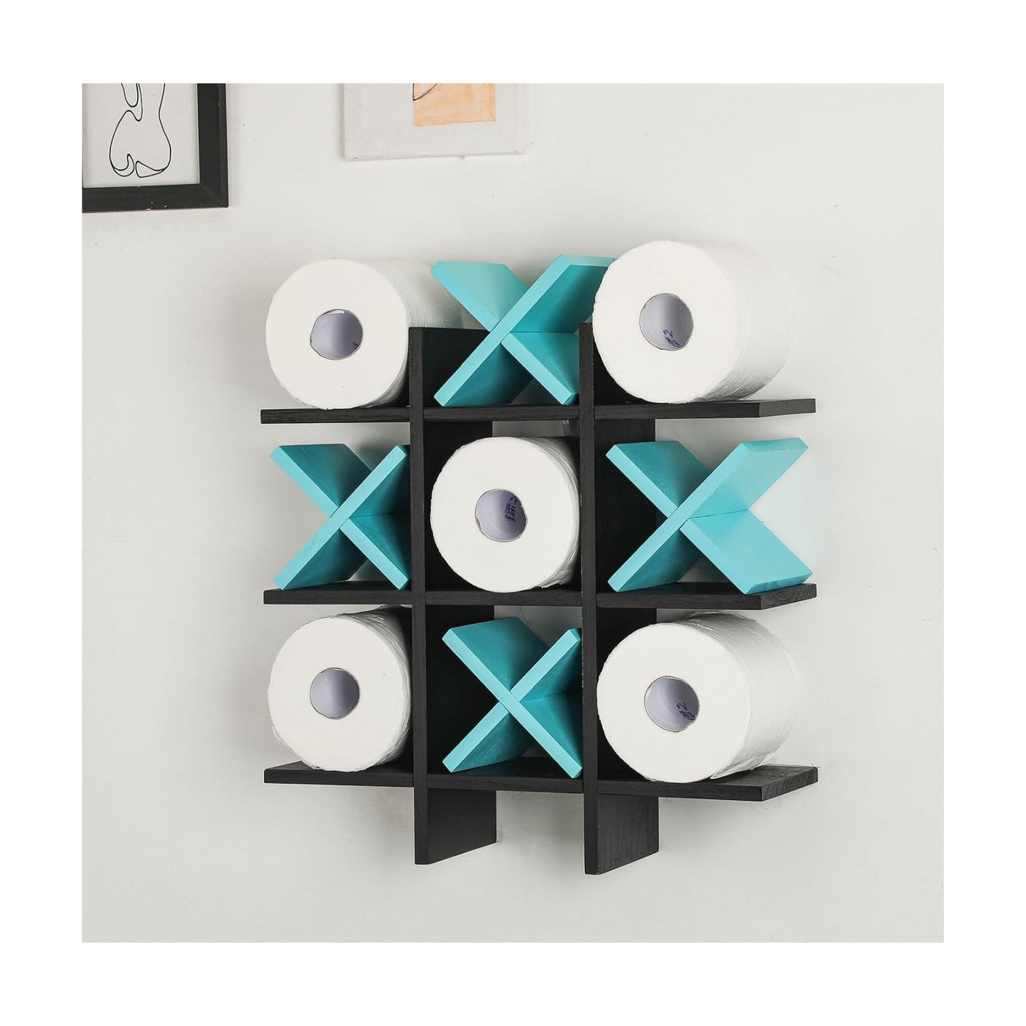 Weysat Tic Tac Toe Toilet Paper Holder,Black, Blue | Farmhouse Bathroom Decor, Freestanding or Wall Mount Storage for