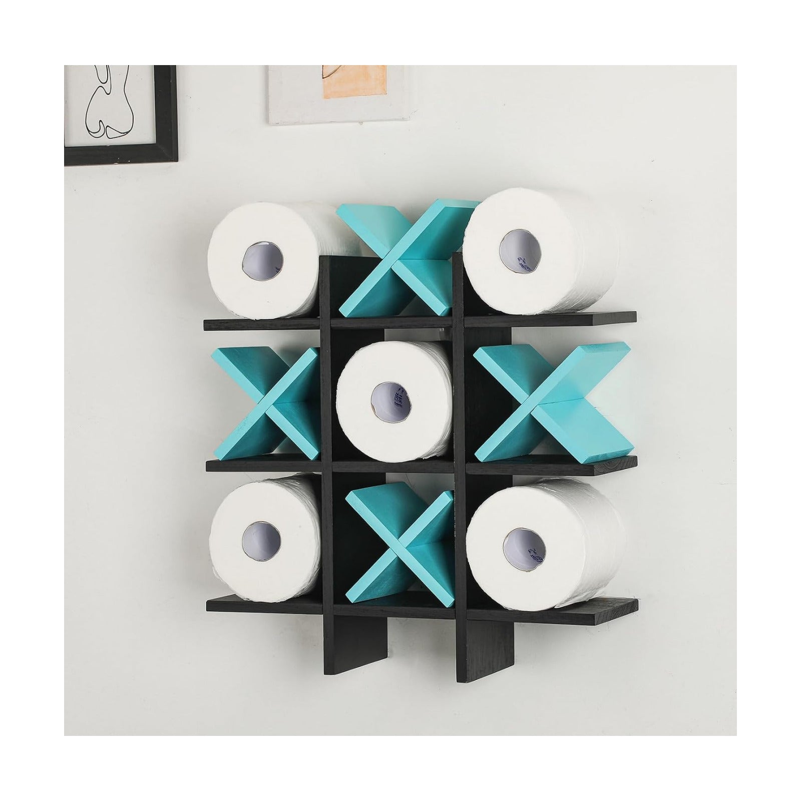 Weysat Tic Tac Toe Toilet Paper Holder,Black, Blue | Farmhouse Bathroom Decor, Freestanding or Wall Mount Storage for