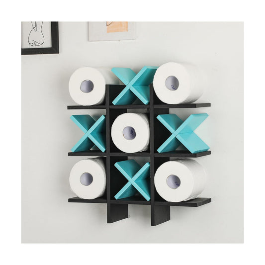 Weysat Tic Tac Toe Toilet Paper Holder,Black, Blue | Farmhouse Bathroom Decor, Freestanding or Wall Mount Storage for