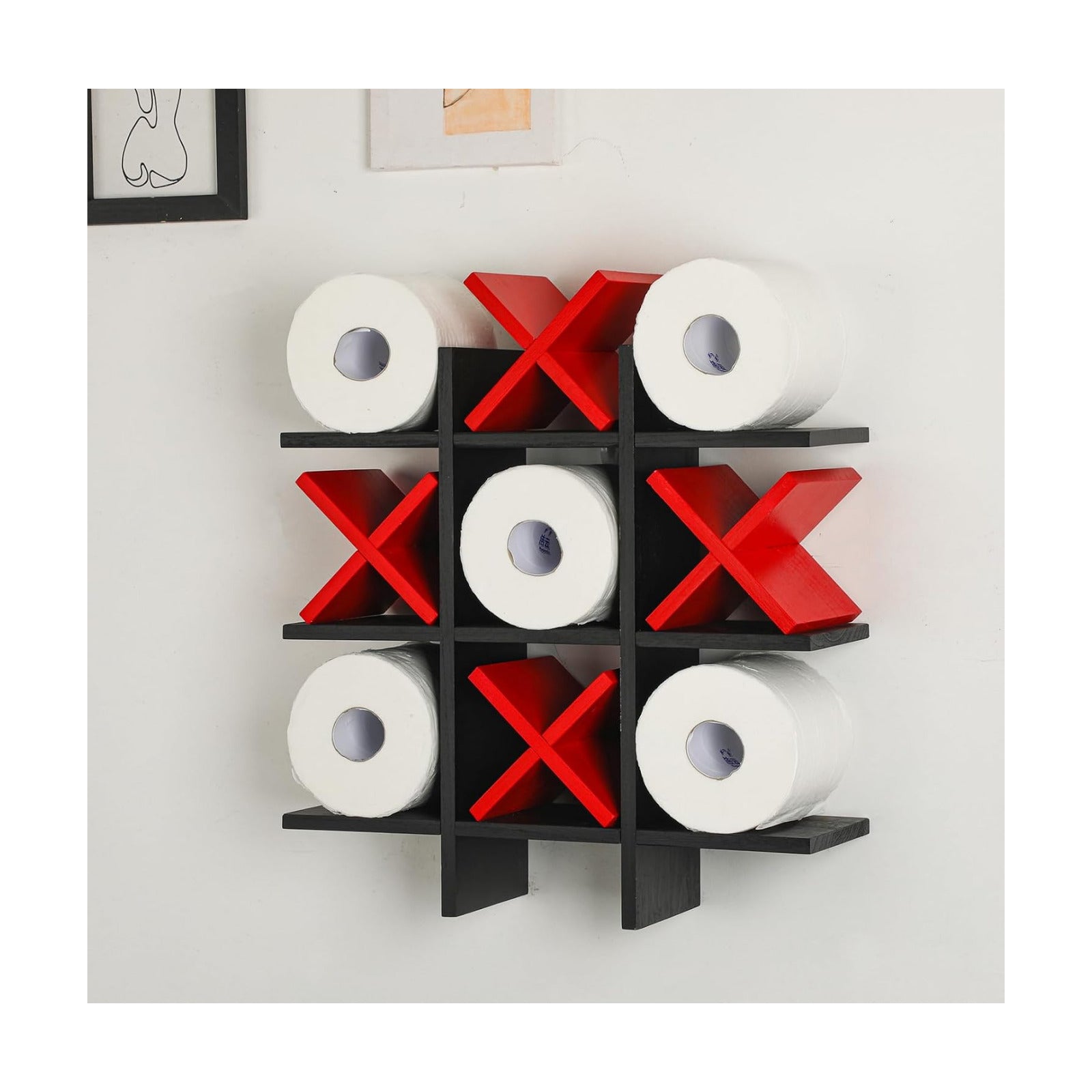 Weysat Tic Tac Toe Toilet Paper Holder,Black, Red | Farmhouse Bathroom Decor, Freestanding or Wall Mount Storage for