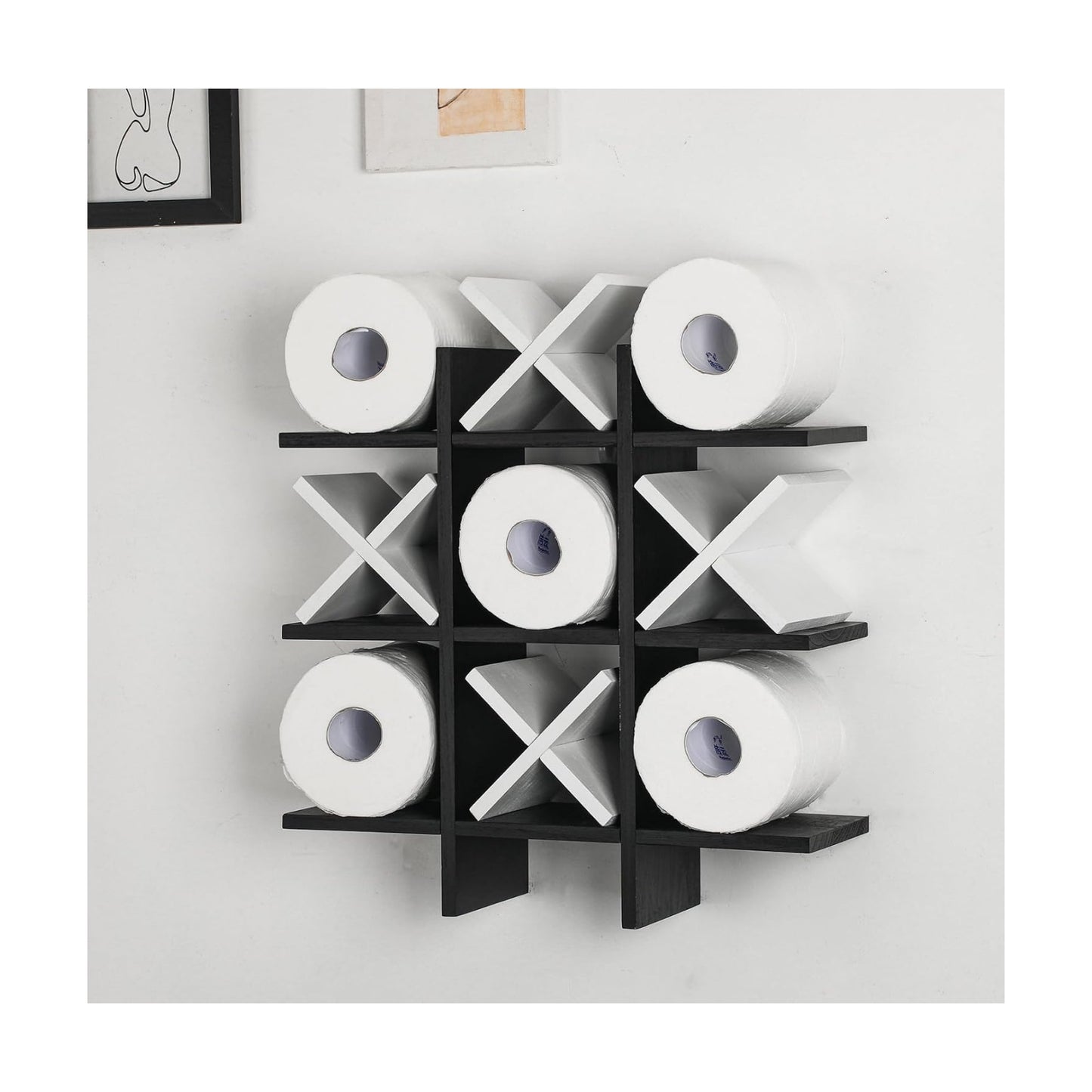 Weysat Tic Tac Toe Toilet Paper Holder,Black, White | Farmhouse Bathroom Decor, Freestanding or Wall Mount Storage for