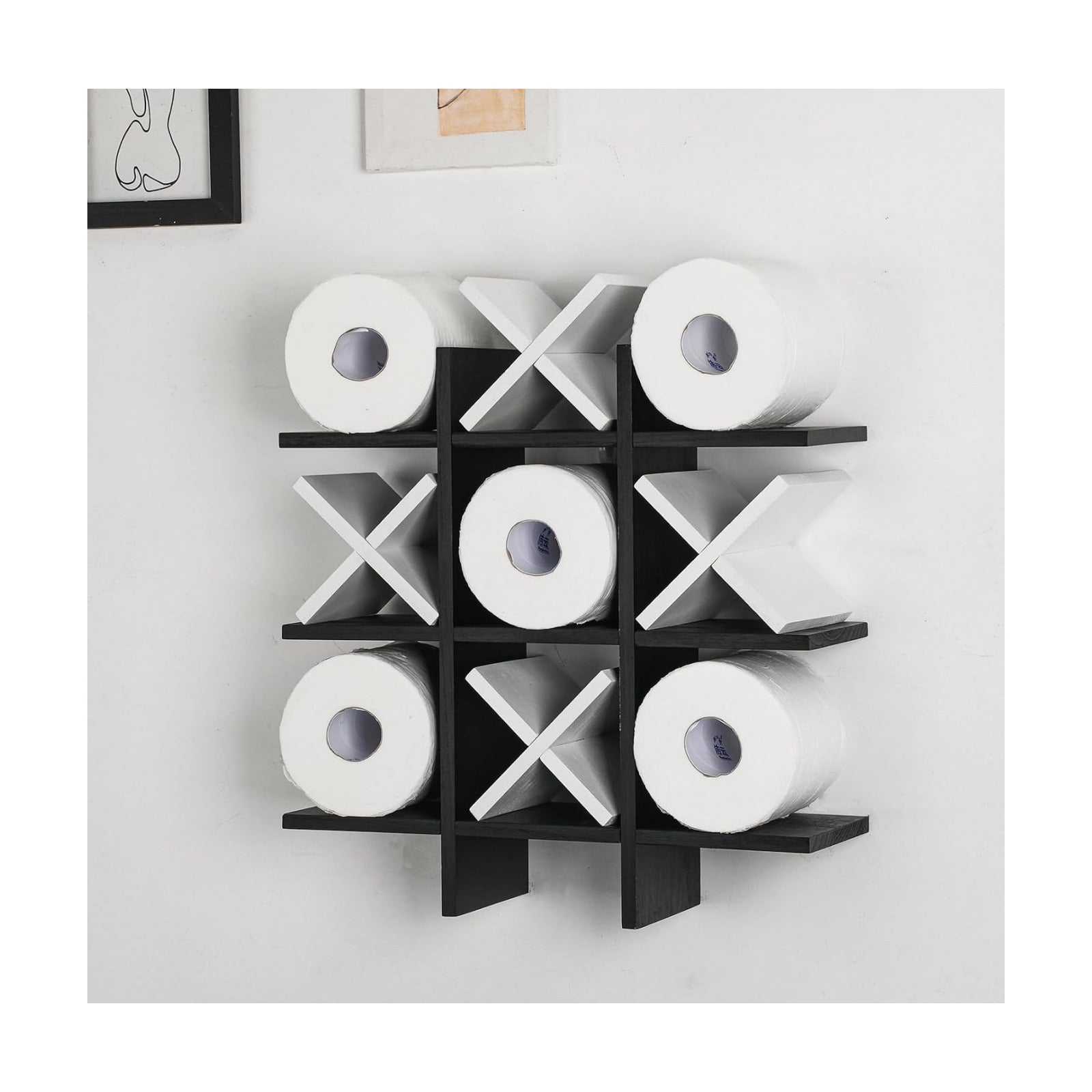 Weysat Tic Tac Toe Toilet Paper Holder,Black, White | Farmhouse Bathroom Decor, Freestanding or Wall Mount Storage for