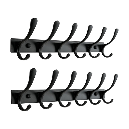 SKOLOO Heavy Duty Wall Mounted Coat Rack - 6 Hooks, Stainless Steel, Pack of 2, Sturdy Coat Hooks for Hanging Clothes