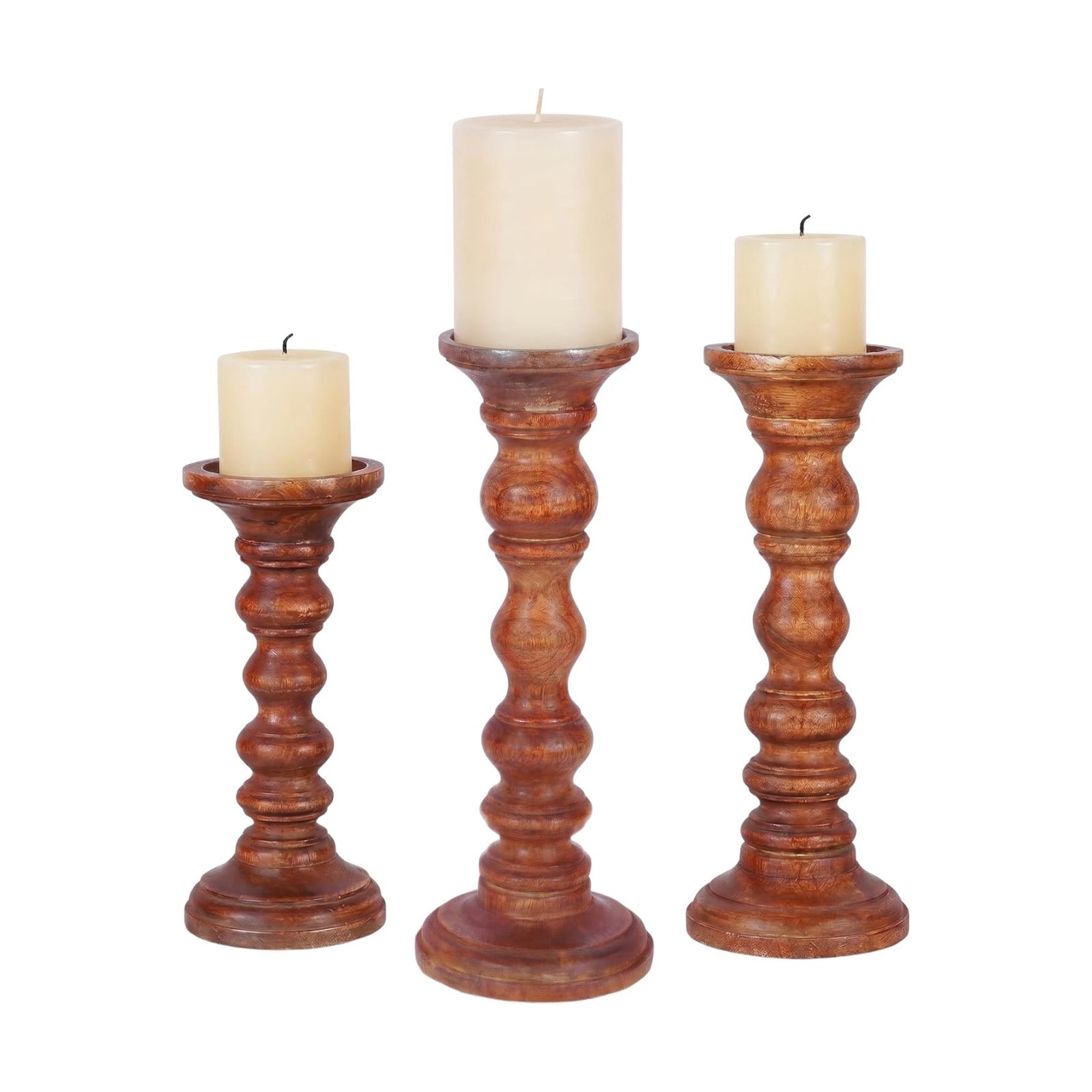 Willow Mango Wood Candle Holders - Medium Polish, Set of 3 | 9”, 12” & 15” hand-carved candle holders for table, mantel