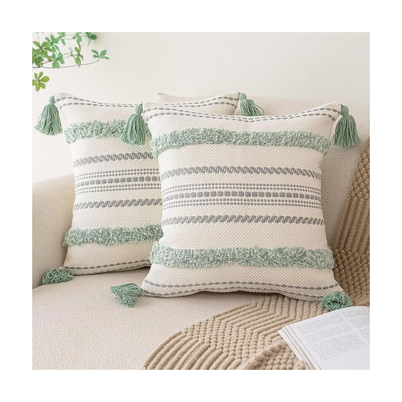 Boho Throw Pillow Covers Woven Tufted Farmhouse Pillows Cover / Light Green / 18 x 18 / Set of 2