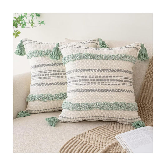 Boho Throw Pillow Covers Woven Tufted Farmhouse Pillows Cover / Light Green / 18 x 18 / Set of 2