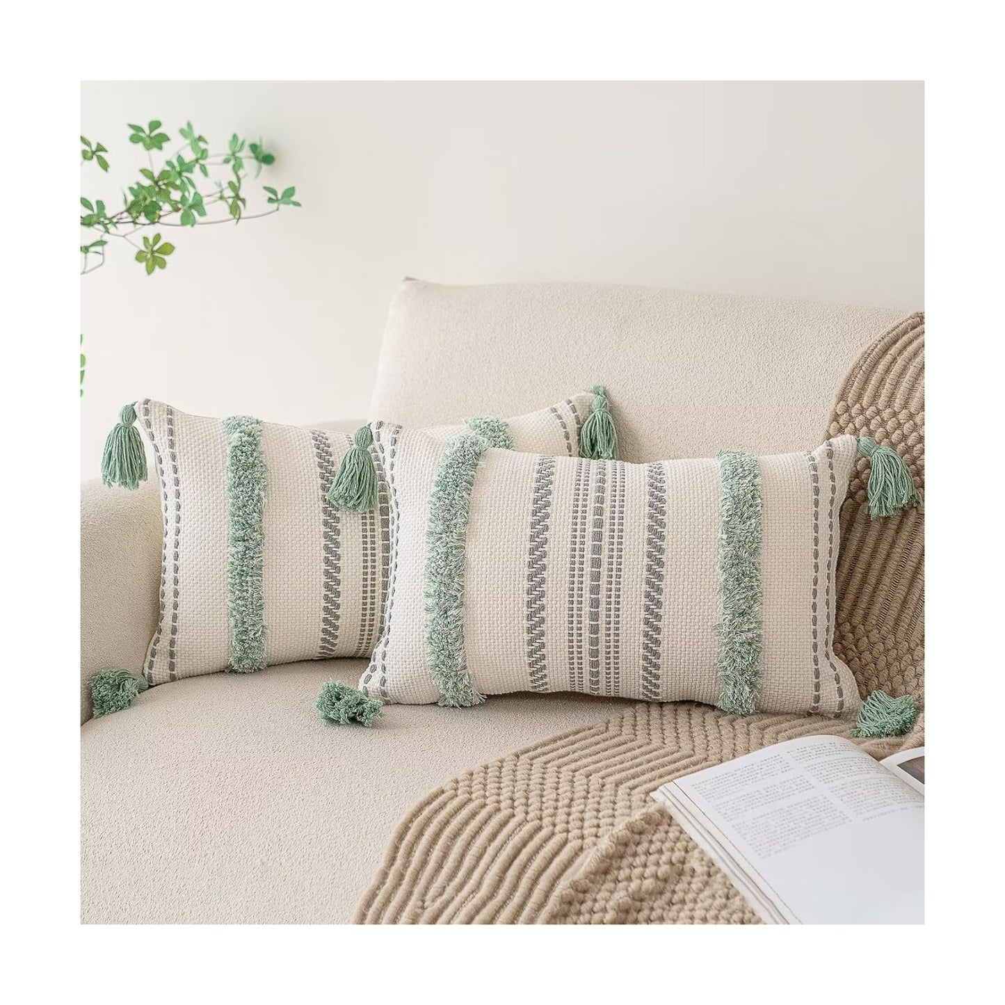 Boho Throw Pillow Covers Woven Tufted Farmhouse Pillows Cover / Light Green / 20 x 12 / Set of 2