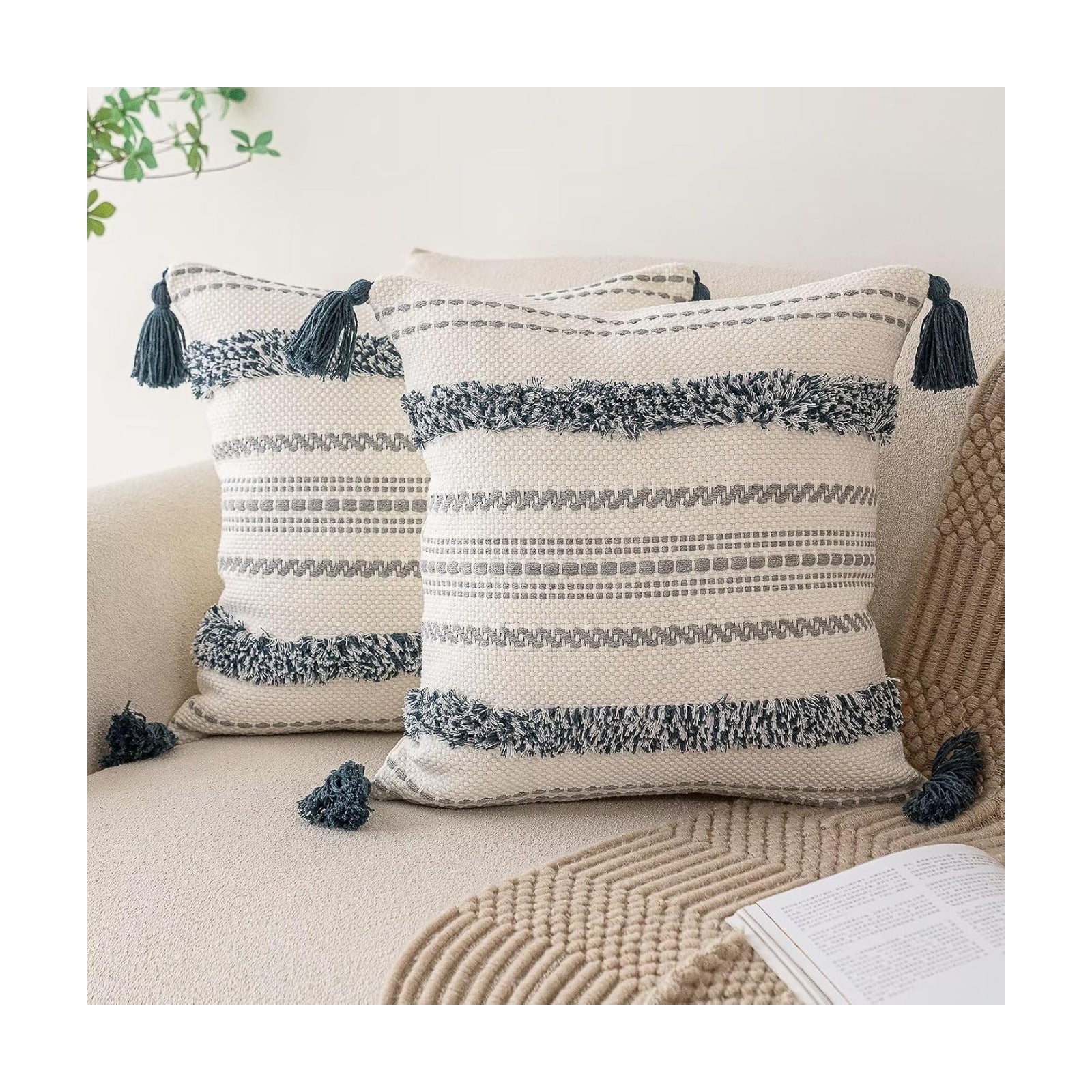 Boho Throw Pillow Covers Woven Tufted Farmhouse Pillows Cover / Dark Blue / 18 x 18 / Set of 2