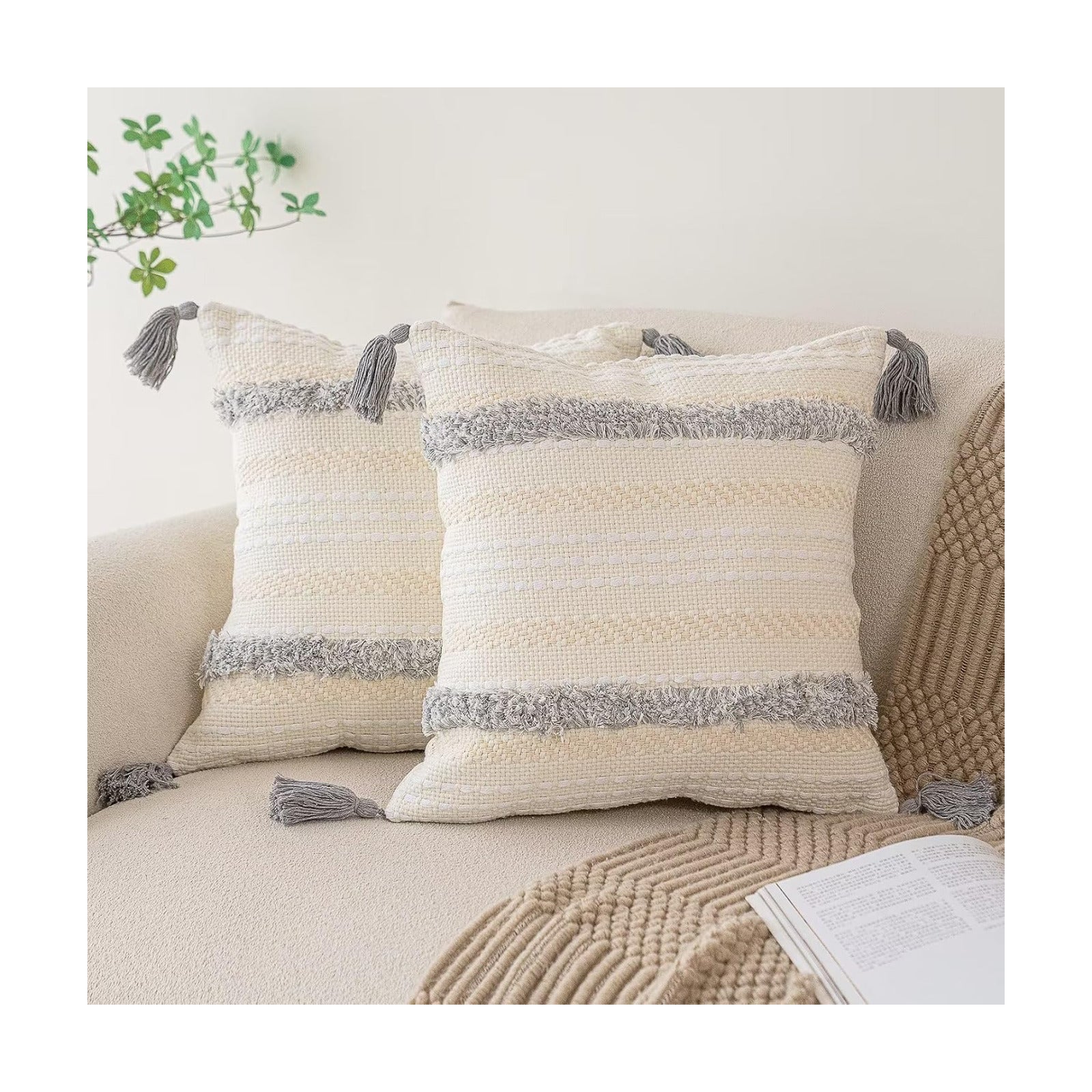 Boho Throw Pillow Covers Woven Tufted Farmhouse Pillows Cover / Light Grey / 18 x 18 / Set of 2