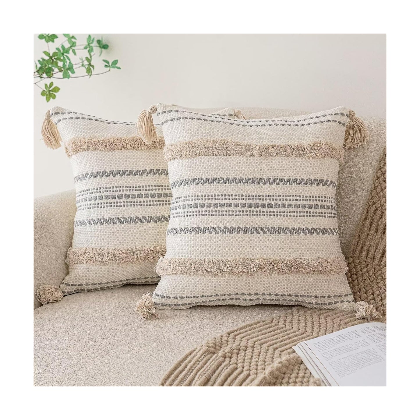 Boho Throw Pillow Covers Woven Tufted Farmhouse Pillows Cover / Khaki / 18 x 18 / Set of 2