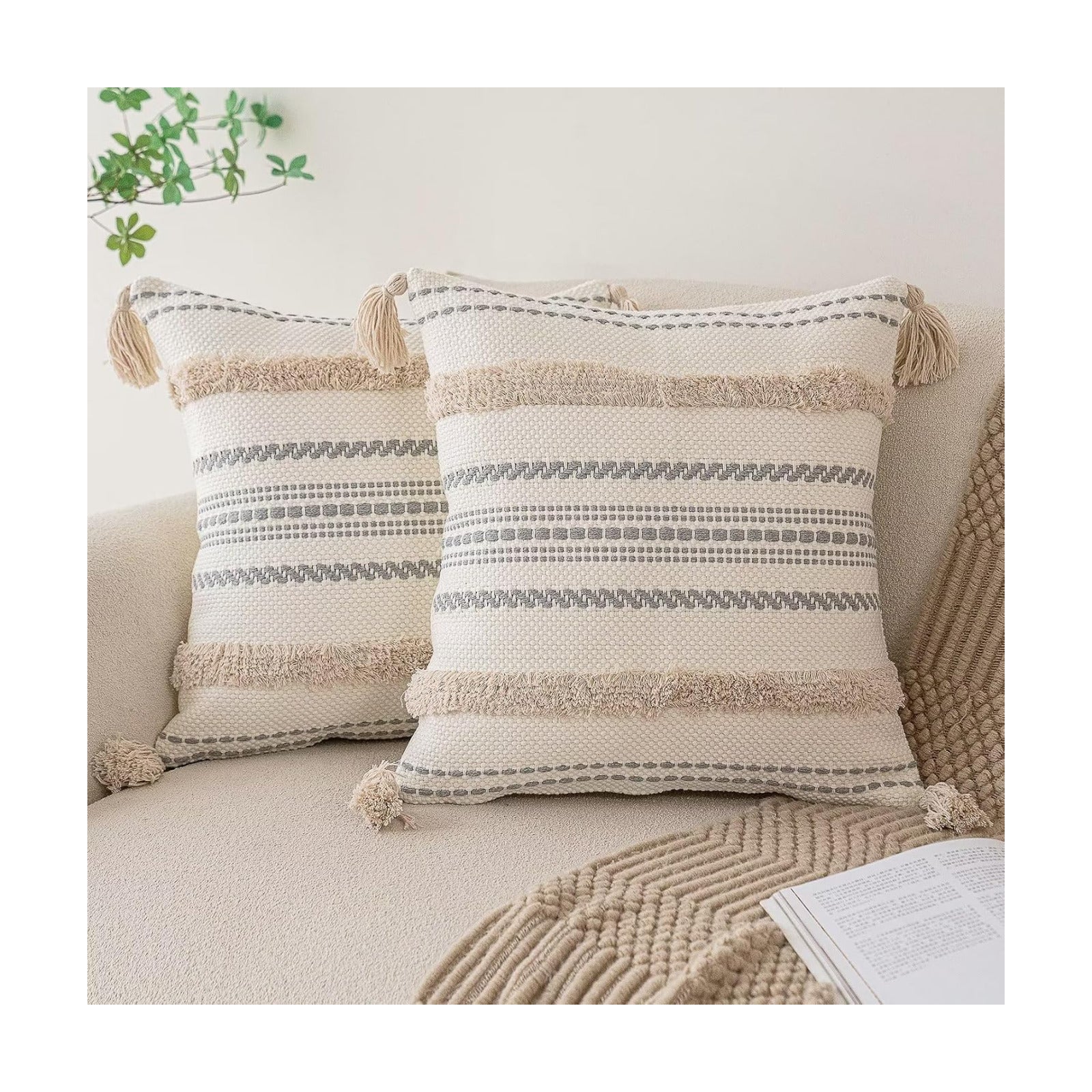 Boho Throw Pillow Covers Woven Tufted Farmhouse Pillows Cover / Khaki / 18 x 18 / Set of 2