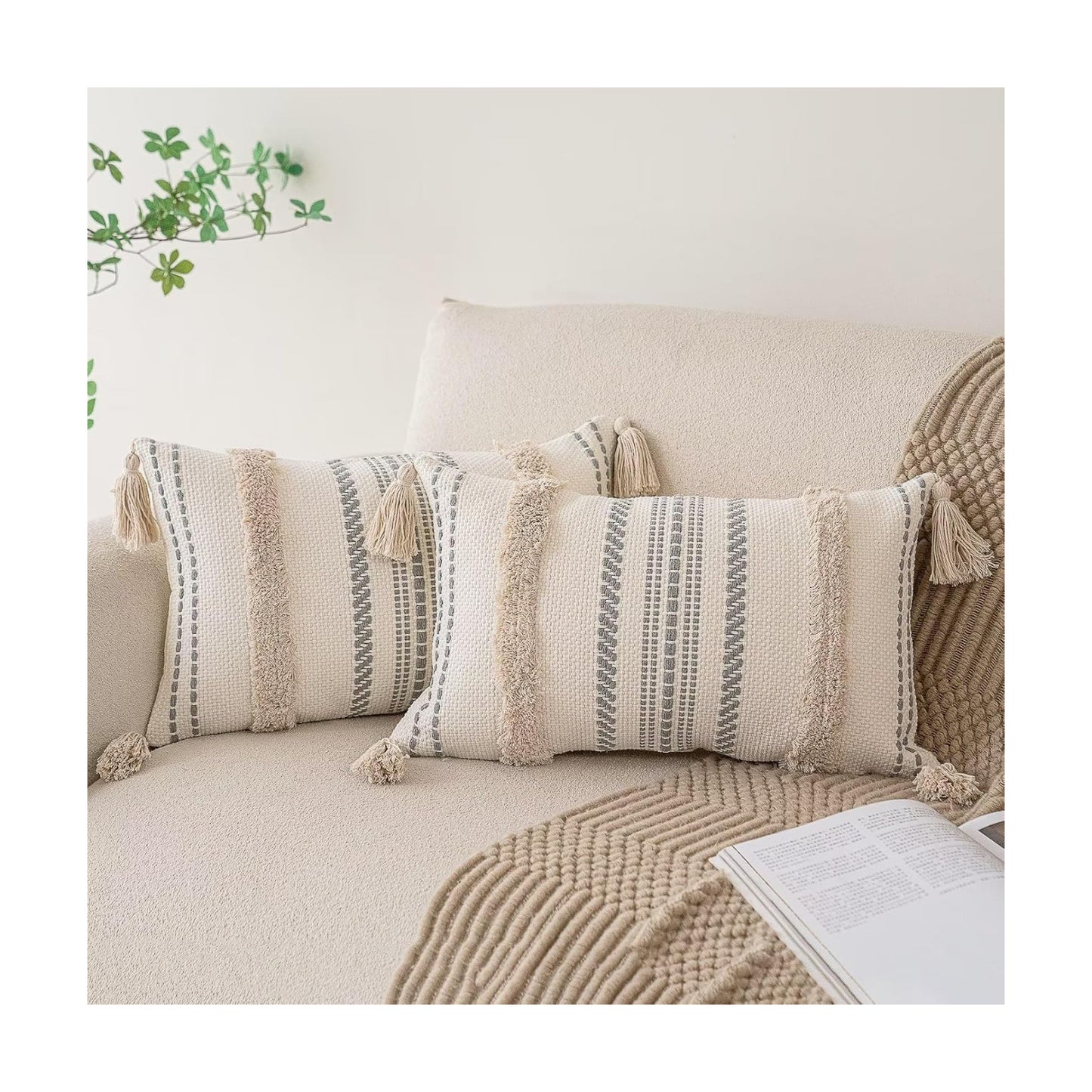 Boho Throw Pillow Covers Woven Tufted Farmhouse Pillows Cover / Khaki / 20 x 12 / Set of 2