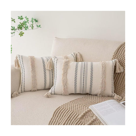 Boho Throw Pillow Covers Woven Tufted Farmhouse Pillows Cover / Khaki / 20 x 12 / Set of 2