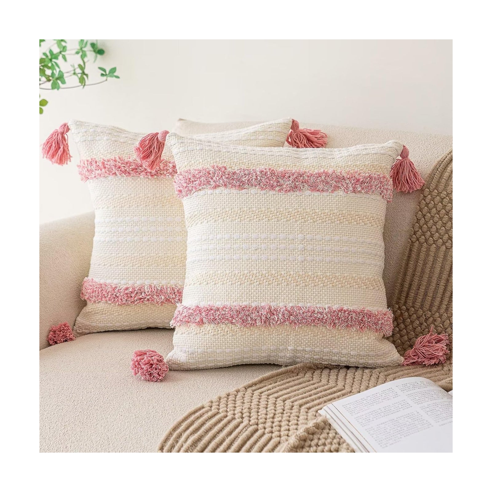 Boho Throw Pillow Covers Woven Tufted Farmhouse Pillows Cover / Pink / 18 x 18 / Set of 2