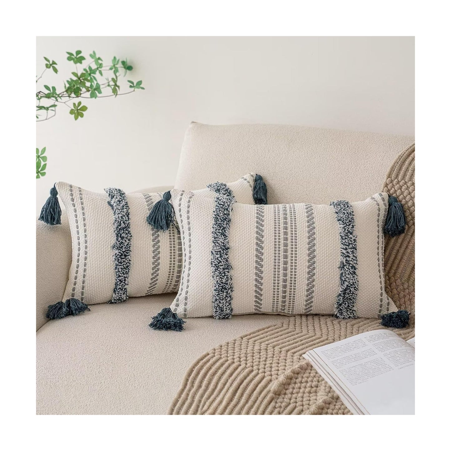 Boho Throw Pillow Covers Woven Tufted Farmhouse Pillows Cover / Dark Blue / 20 x 12 / Set of 2