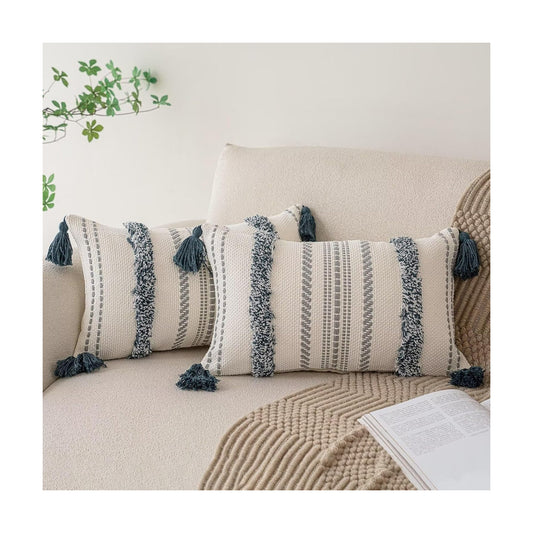 Boho Throw Pillow Covers Woven Tufted Farmhouse Pillows Cover / Dark Blue / 20 x 12 / Set of 2