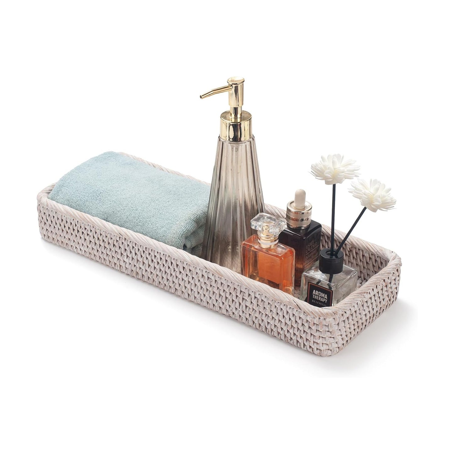 Rattan Bathroom Vanity Trays Toilet Tank Baskets Long Narrow Hand Towel / Whitewash / 16.3 x 6.1 x 2