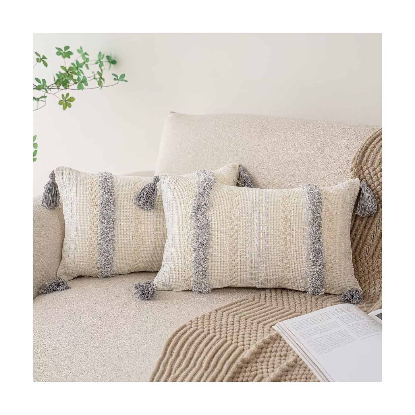 Boho Throw Pillow Covers Woven Tufted Farmhouse Pillows Cover / Light Grey / 20 x 12 / Set of 2