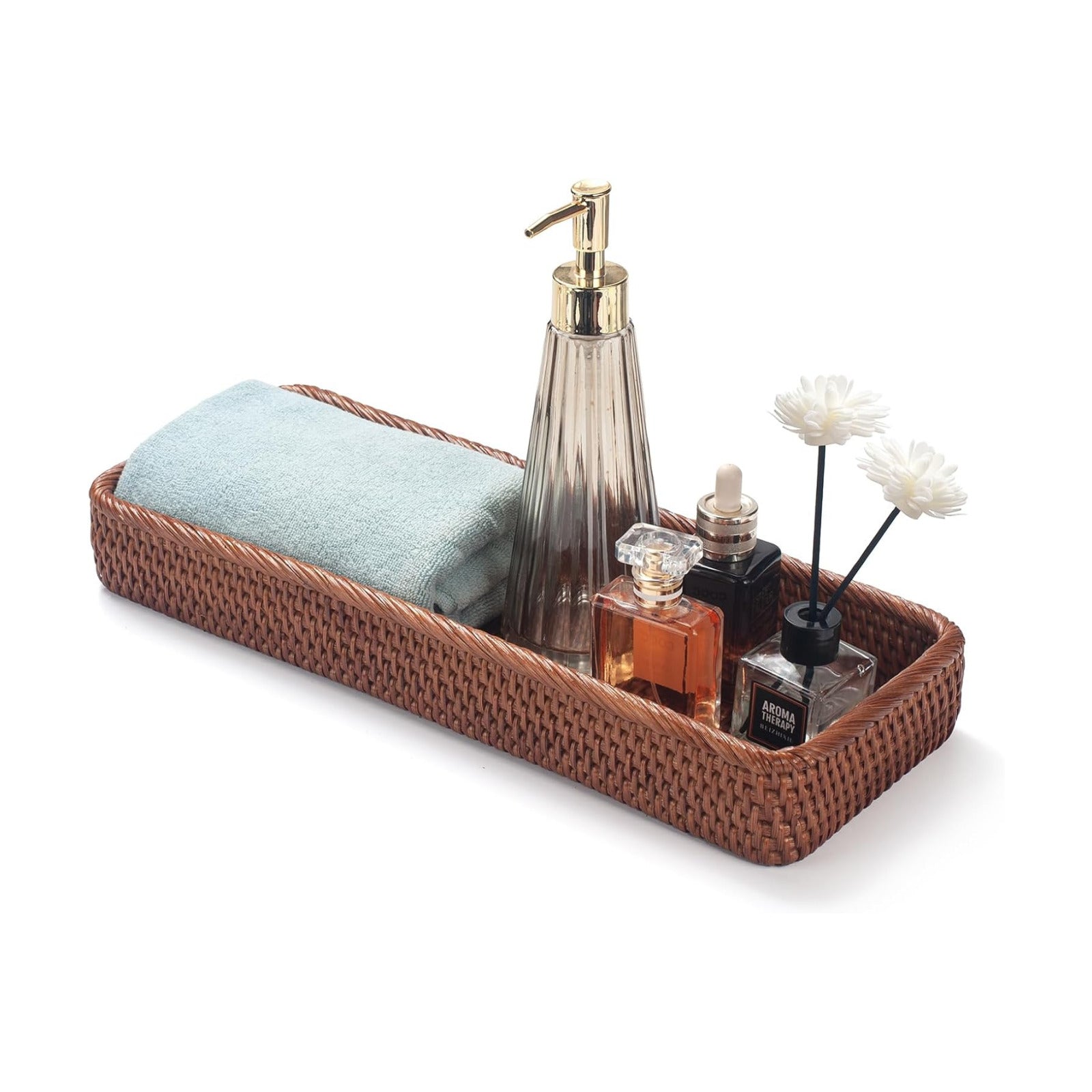 Rattan Bathroom Vanity Trays Toilet Tank Baskets Long Narrow Hand / Honey Brown / 16.3 x 6.1 x 2