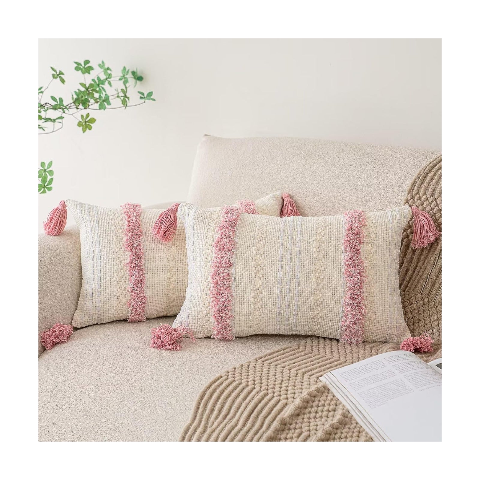 Boho Throw Pillow Covers Woven Tufted Farmhouse Pillows Cover / Pink / 20 x 12 / Set of 2