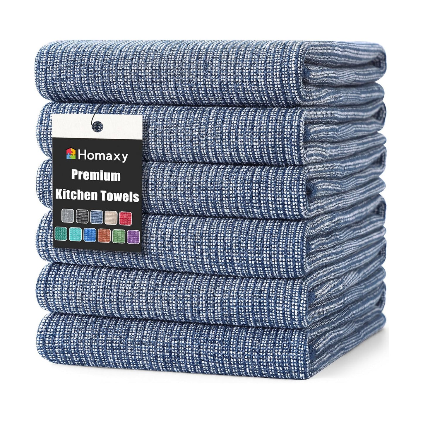 Homaxy 380 GSM Cotton Premium Kitchen Towels 6 Pack, 18"x 28", Navy Blue | Flat and Terry Dish Towels, Highly Absorbent