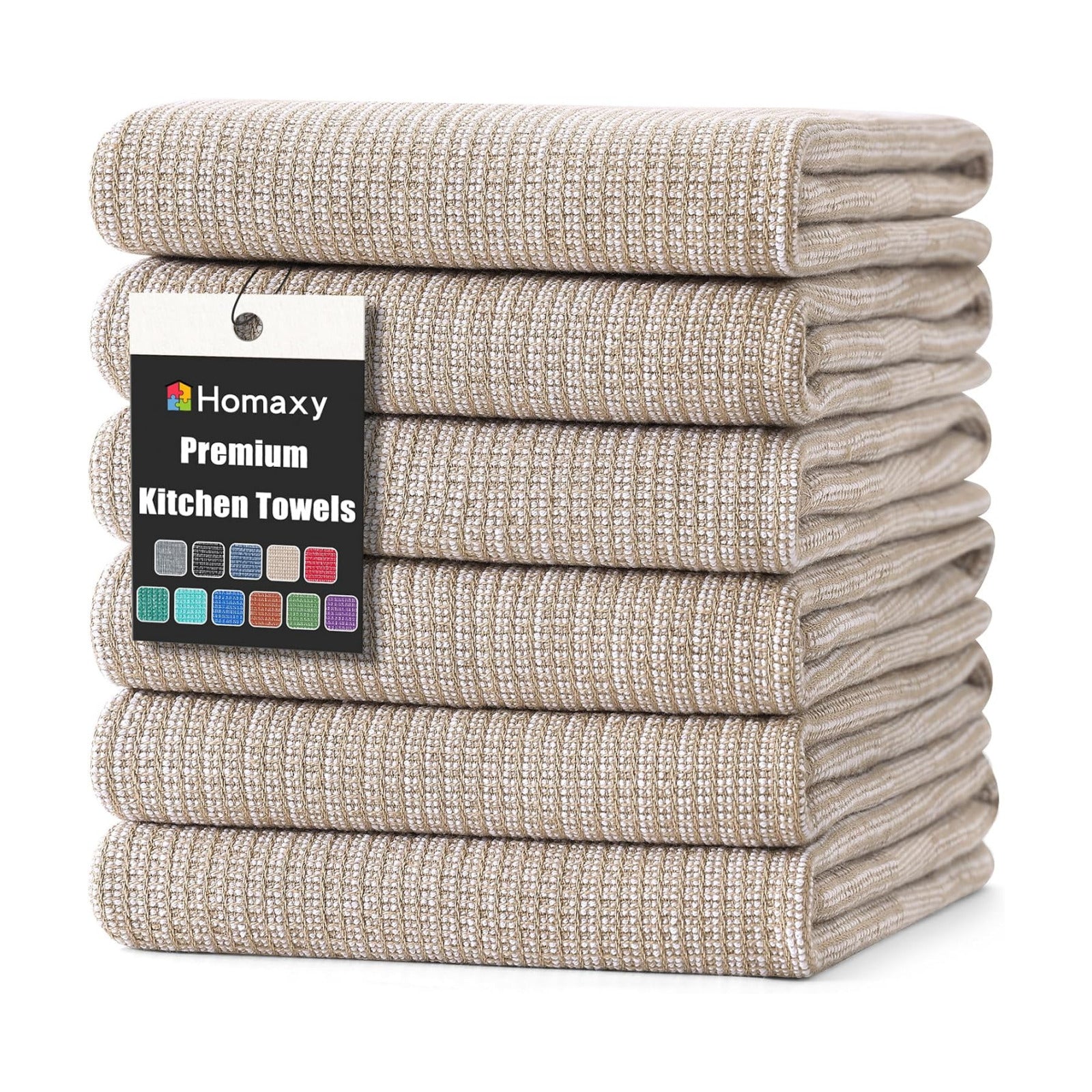 Homaxy 380 GSM Cotton Premium Kitchen Towels 6 Pack, 18"x 28", Khaki | Flat and Terry Dish Towels, Highly Absorbent Tea