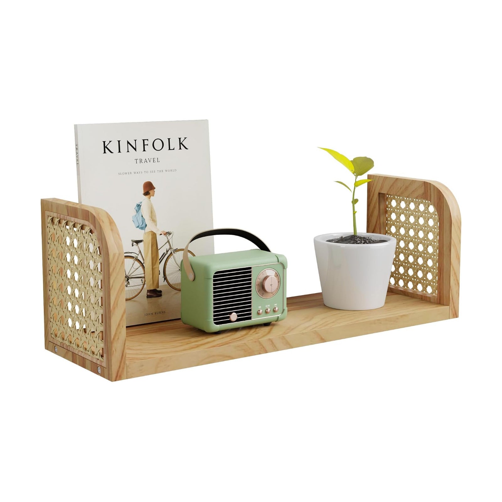 Hanging Book Shelves / Natural Rattan Wall Shelf / 5.5"D x 17.1"W x 5.9"H
