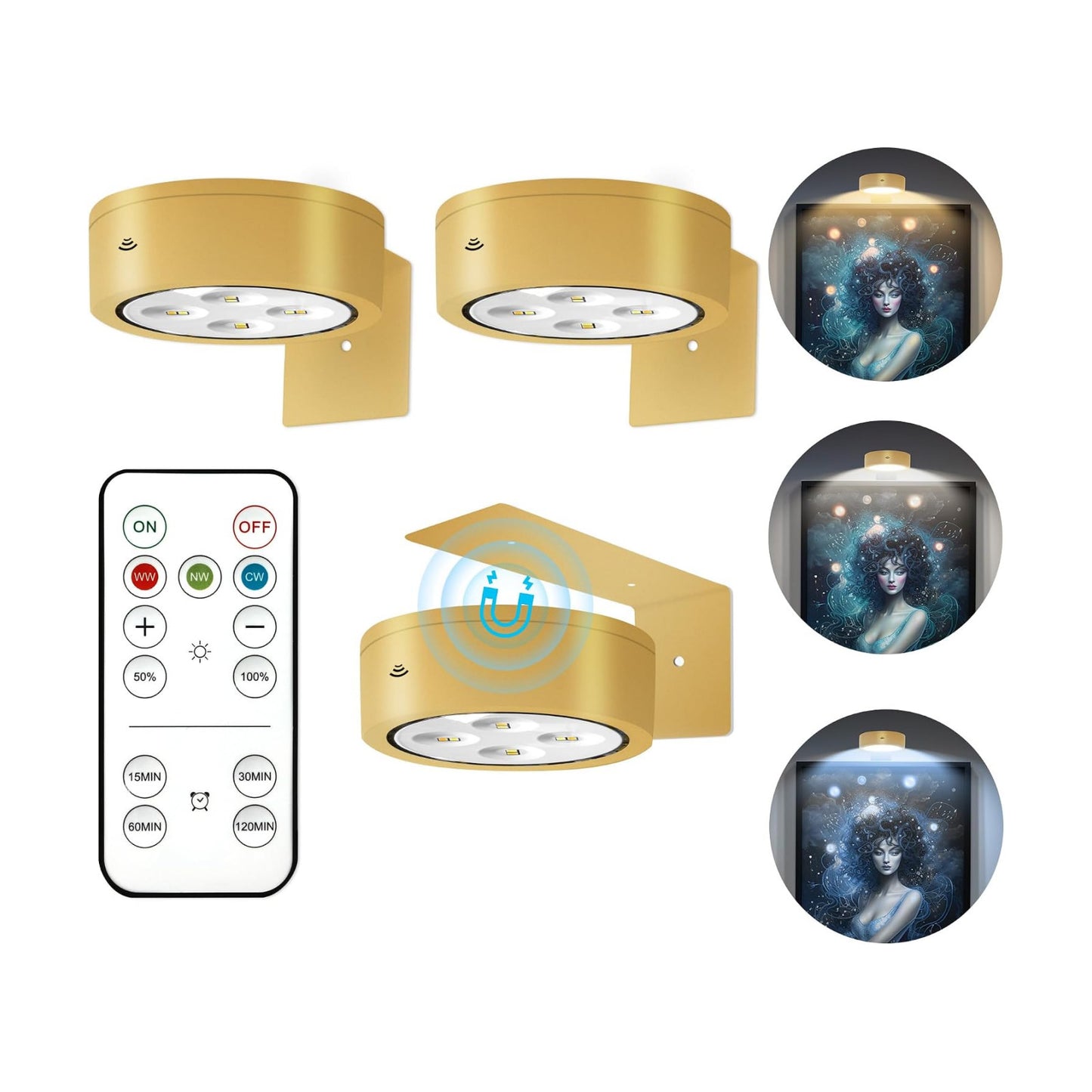 Picture Lights for Wall, Wireless Poster Lights Battery Operated, Gold | LED Magnetic Painting Light with Remote
