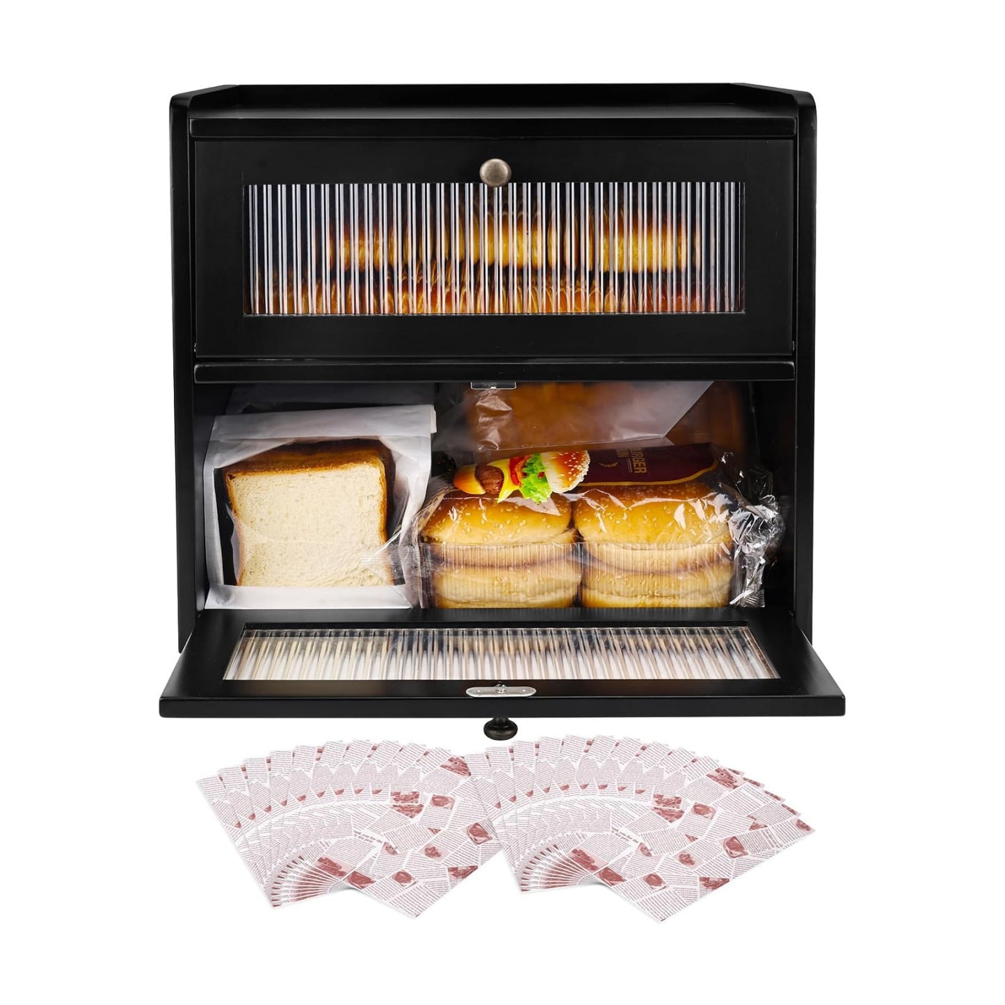 Alpeir Wooden Bread Box for Kitchen Countertop, Large Double Layer, Black | Food-Safe Pine Wood, Double-Row
