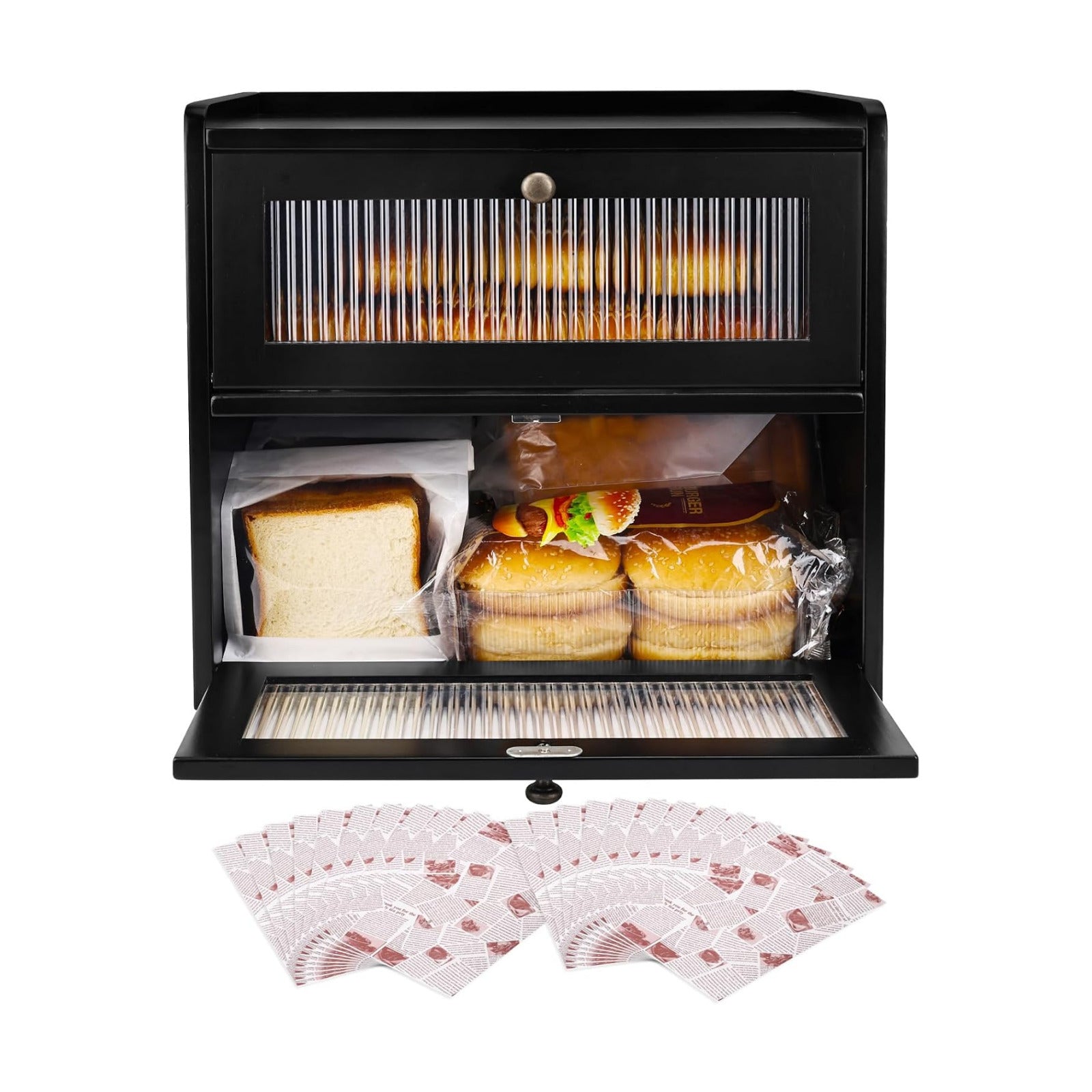 Alpeir Wooden Bread Box for Kitchen Countertop, Large Double Layer, Black | Food-Safe Pine Wood, Double-Row