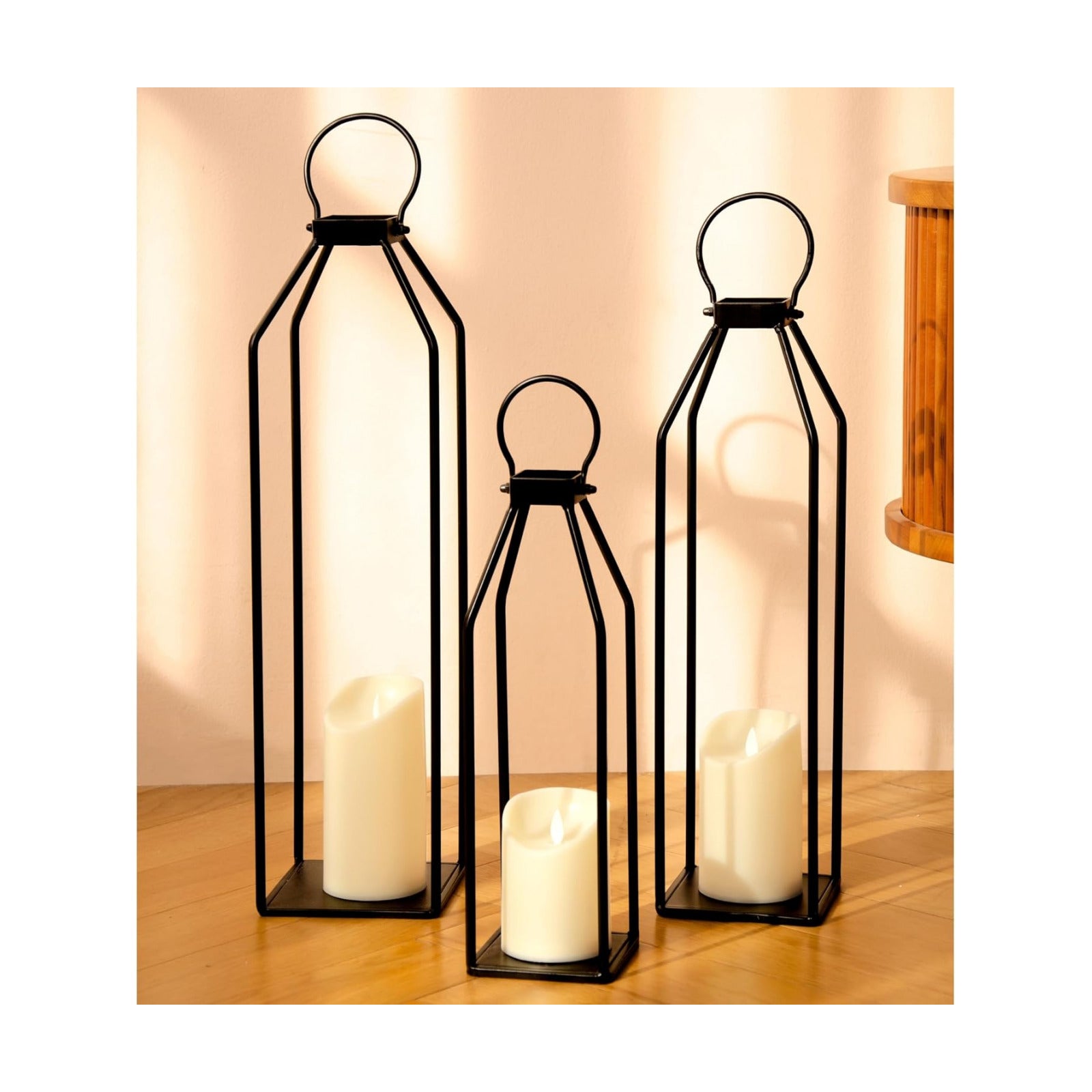 Perfnique Modern Farmhouse Lanterns, Set of 3 Black Metal Lanterns w/ 6hr Timer Flickering Flameless Candles