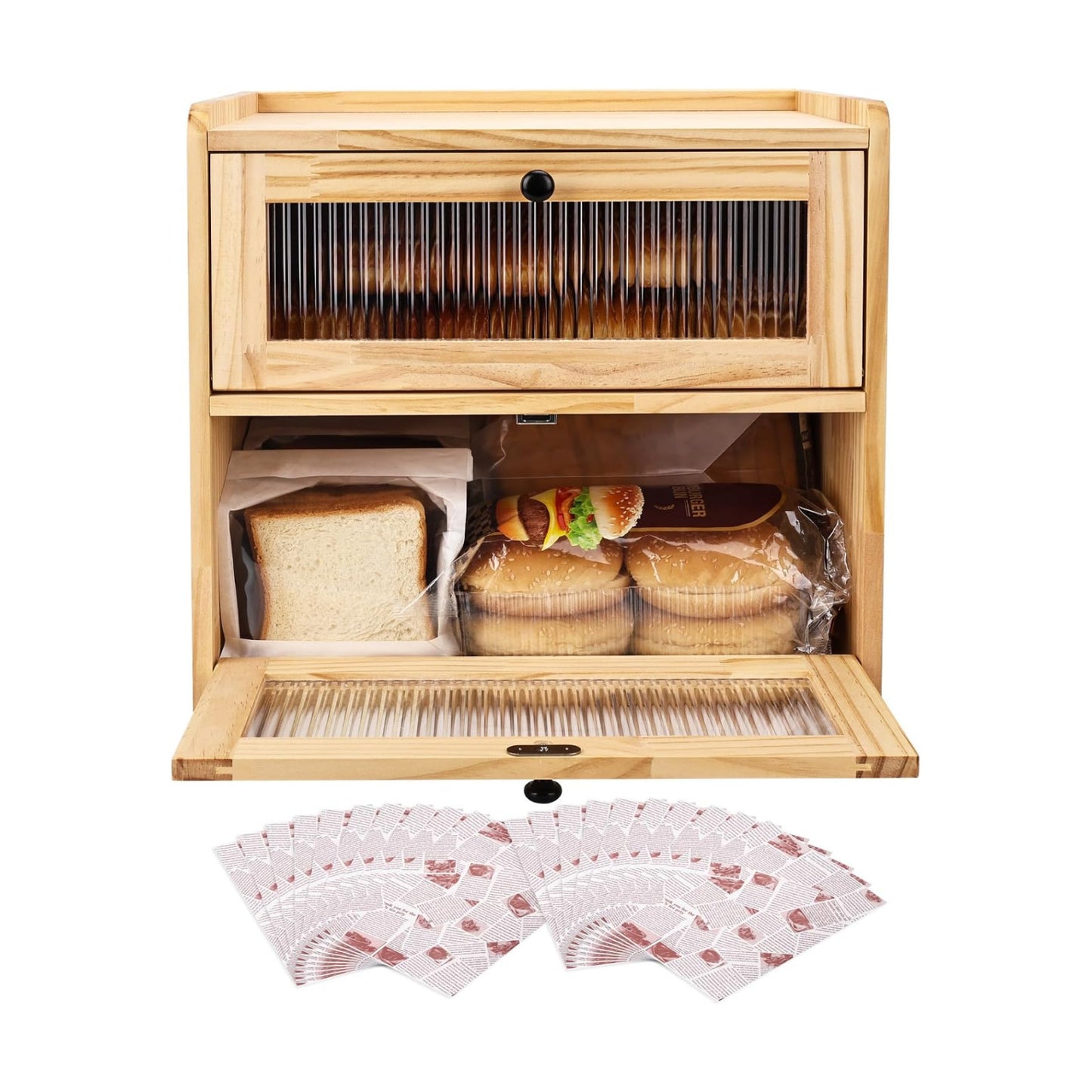 Alpeir Wooden Bread Box for Kitchen Countertop, Large Double Layer, Nature | Food-Safe Pine Wood, Double-Row