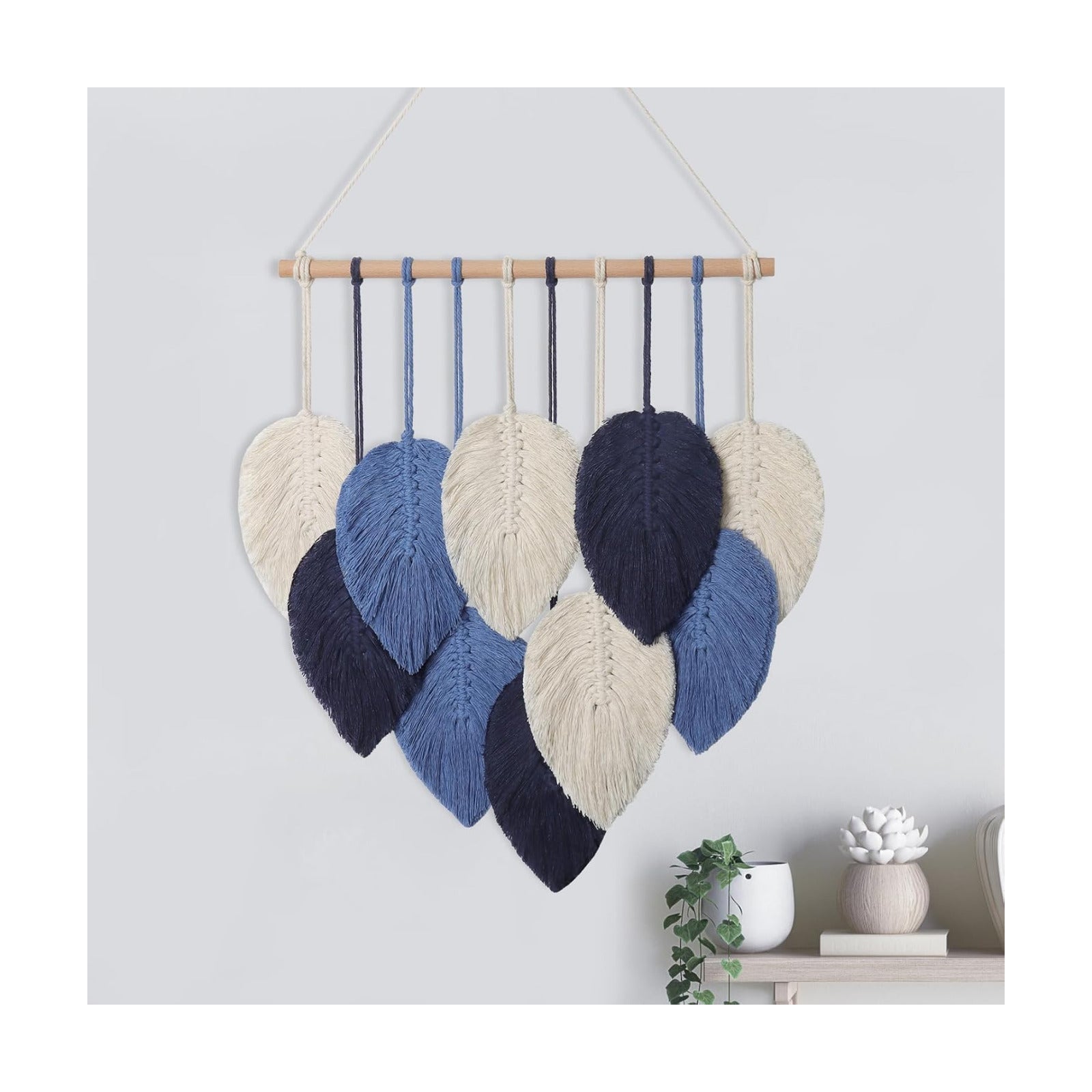 Macrame Wall Hanging Leaves Chic Woven Leaf Tassels Decoration Cotton Ornaments Tapestry / Navy Blue