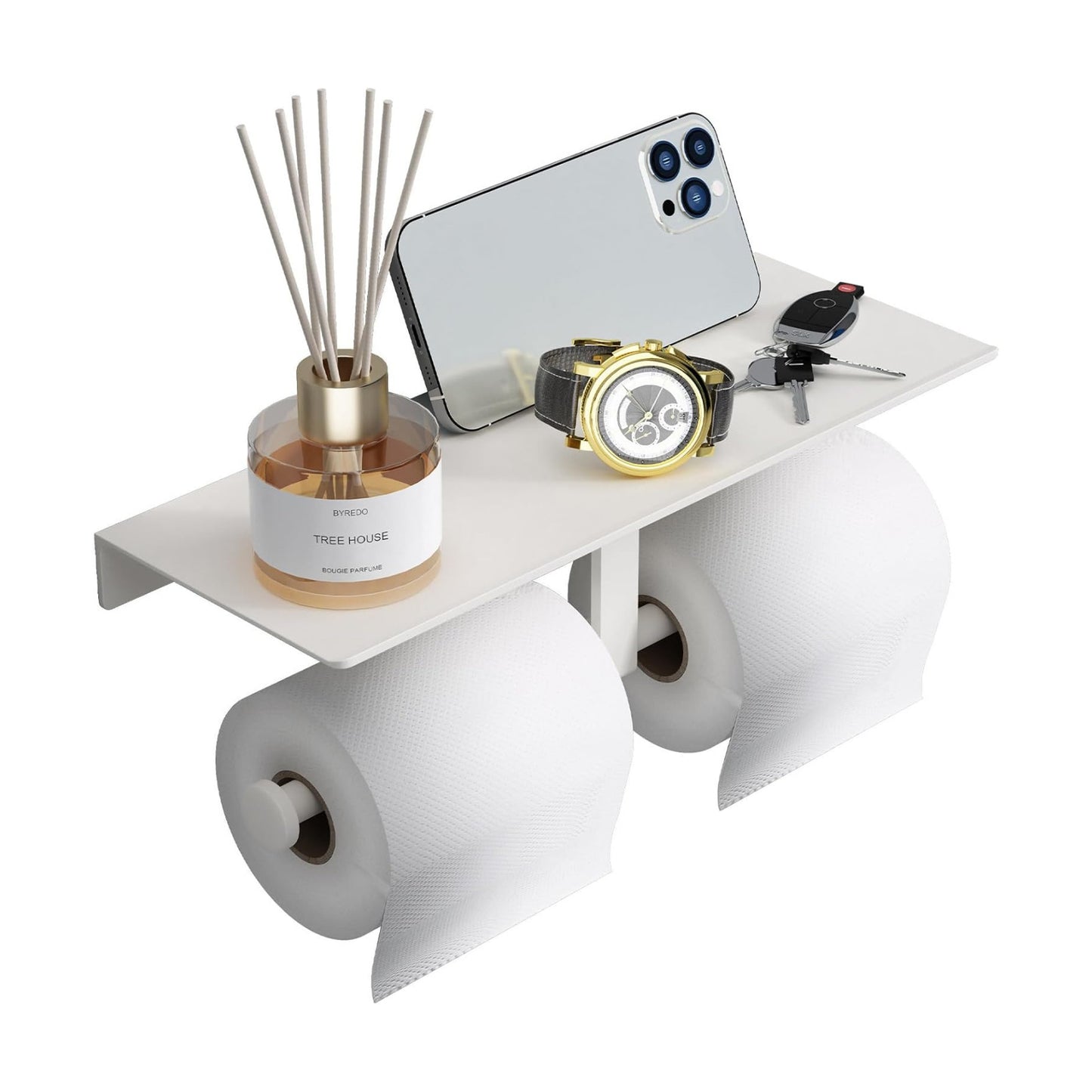 Bathroom Toilet Paper Holder with Shelf, Wall Mount, Double Roll, White