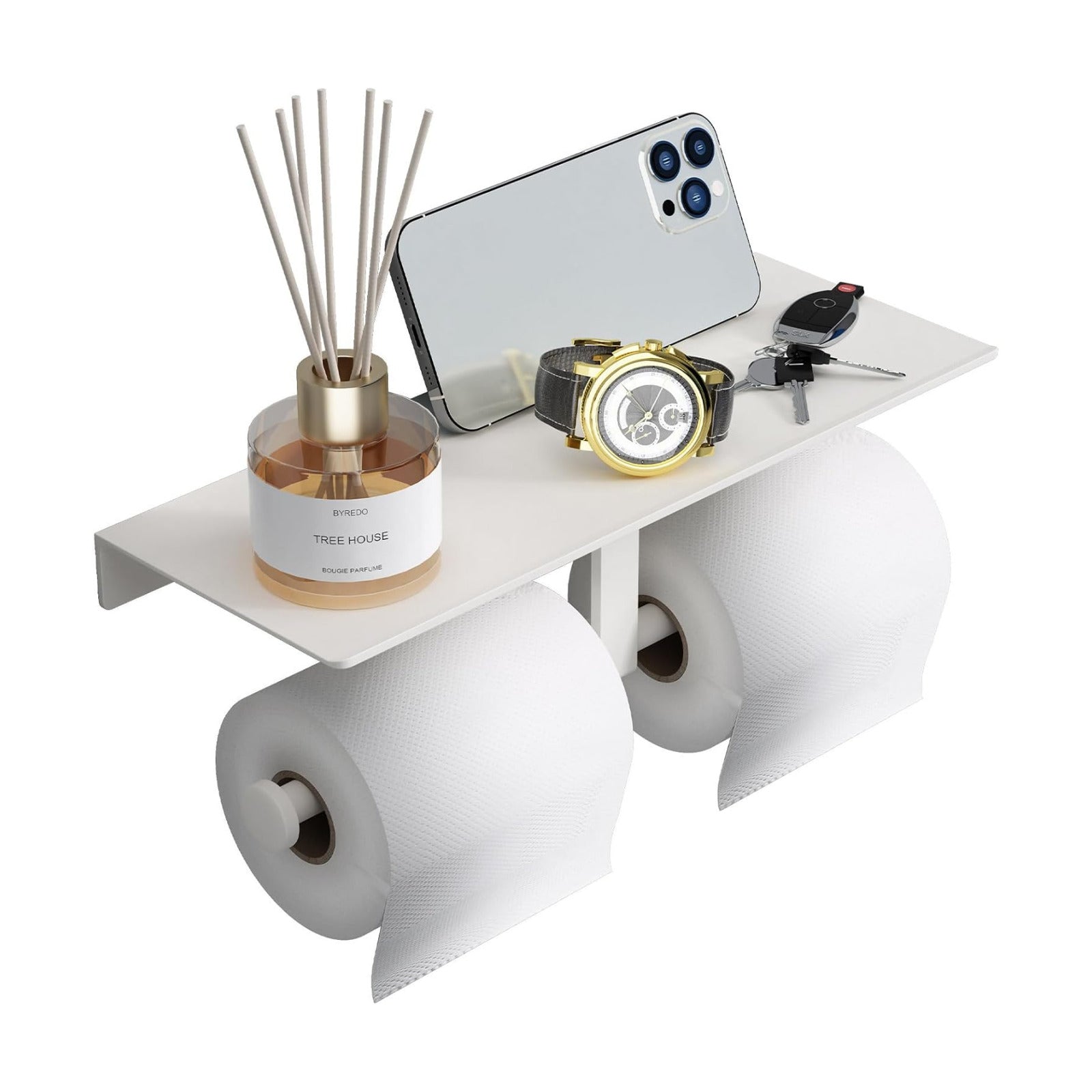 Bathroom Toilet Paper Holder with Shelf, Wall Mount, Double Roll, White