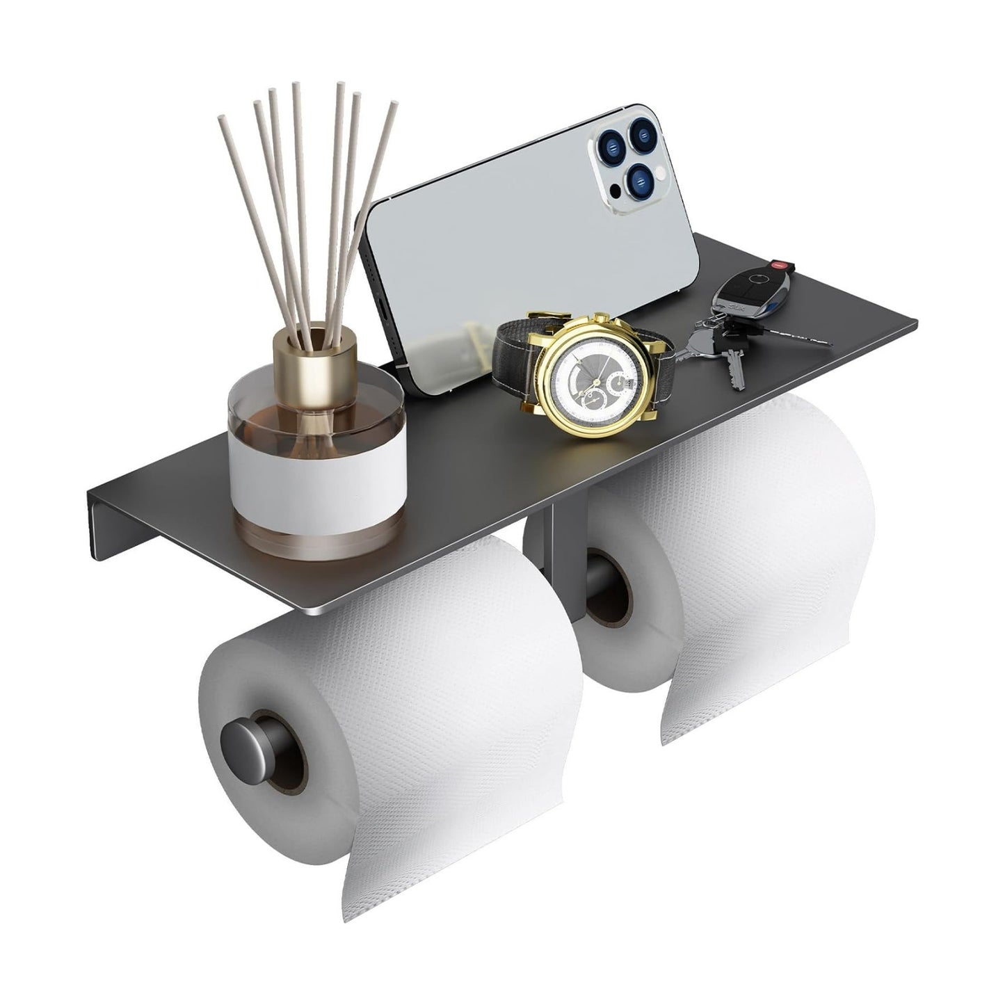 Grey Toilet Paper Holder with Shelf, Double Roll Commercial Toilet Paper Dispenser