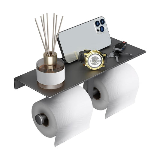 Grey Toilet Paper Holder with Shelf, Double Roll Commercial Toilet Paper Dispenser