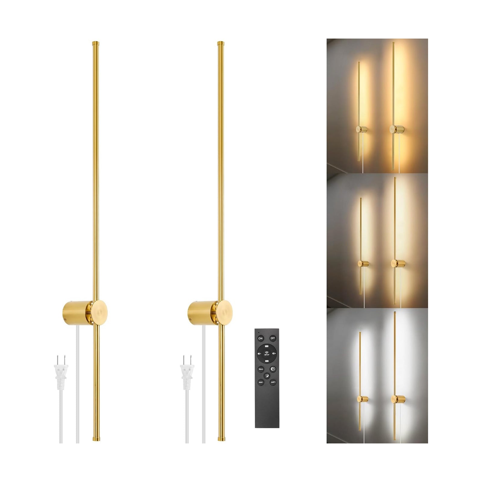 GOODATE Wall Sconces Set of Two with Remote, Stepless Colors 3000K-6500K & Stepless Dimming, Hardwire or Plug-in, 180°