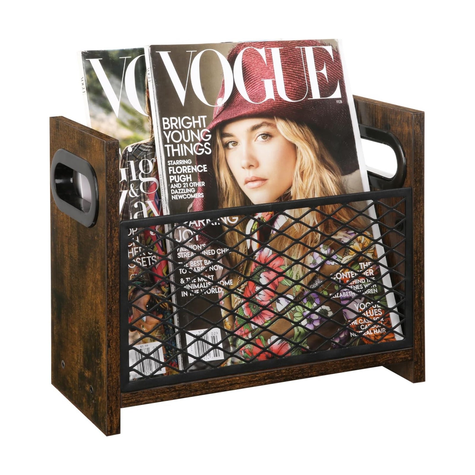 YINMIT Magazine Holder, Small Magazine Rack Floor or Desktop Storage Basket | Wood and Metal Construction, Retro Book