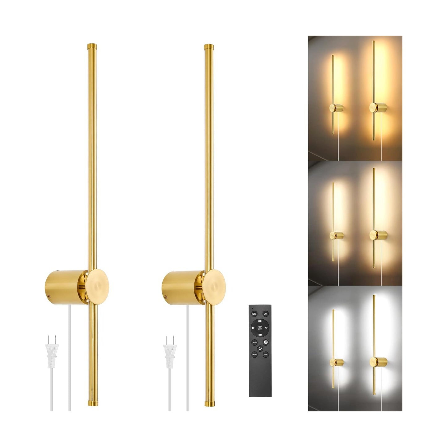 GOODATE Wall Sconces Set of Two with Remote, Stepless Colors 3000K-6500K & Stepless Dimming, Hardwire or Plug-in, 180°