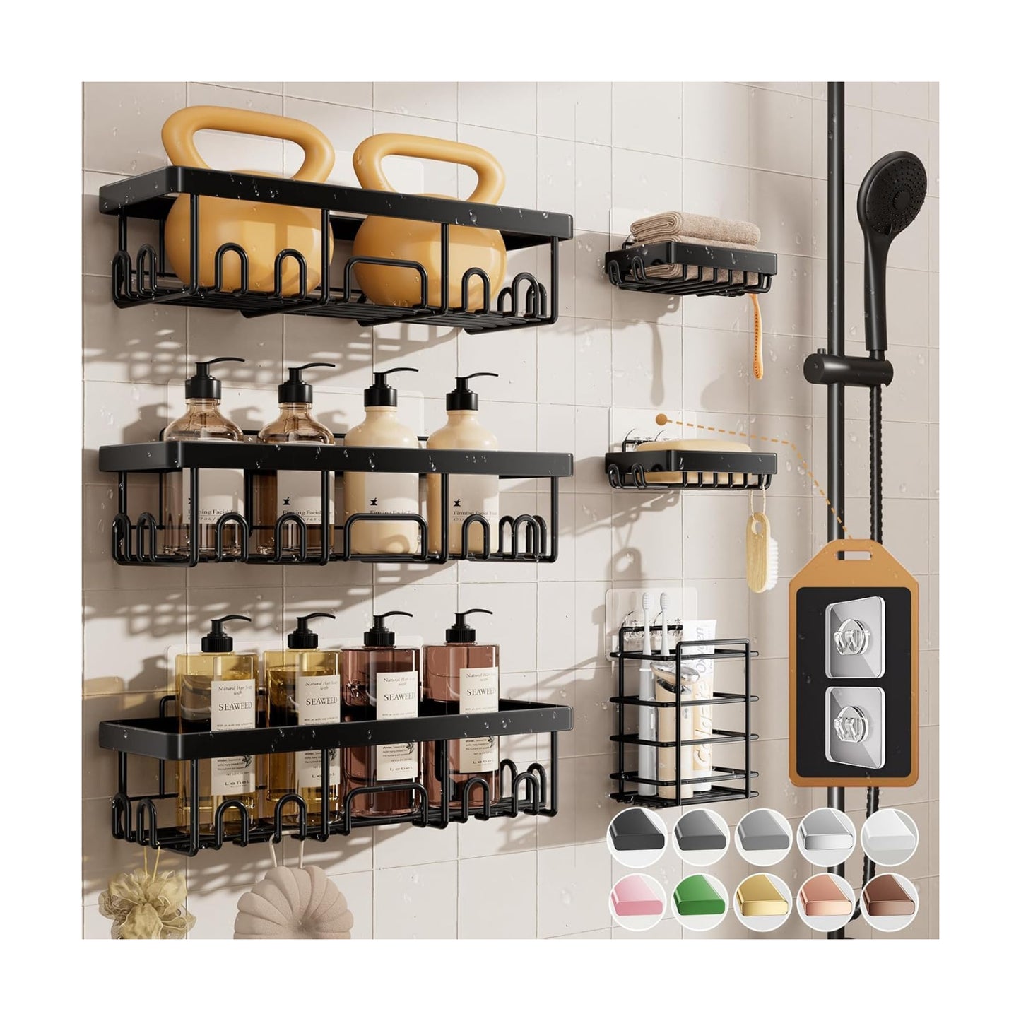 Veken Shower Caddy 6-Pack, Bathroom Organizers and Storage Shelves, Black