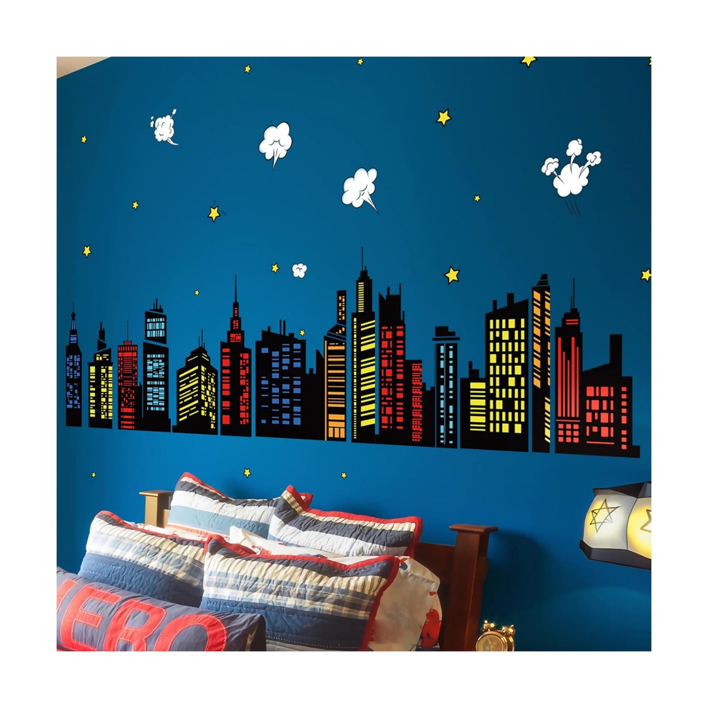 Colorful City Skyline Wall Decals Hero City Building Stars Wall Stickers Bedroom Playroom Toddler