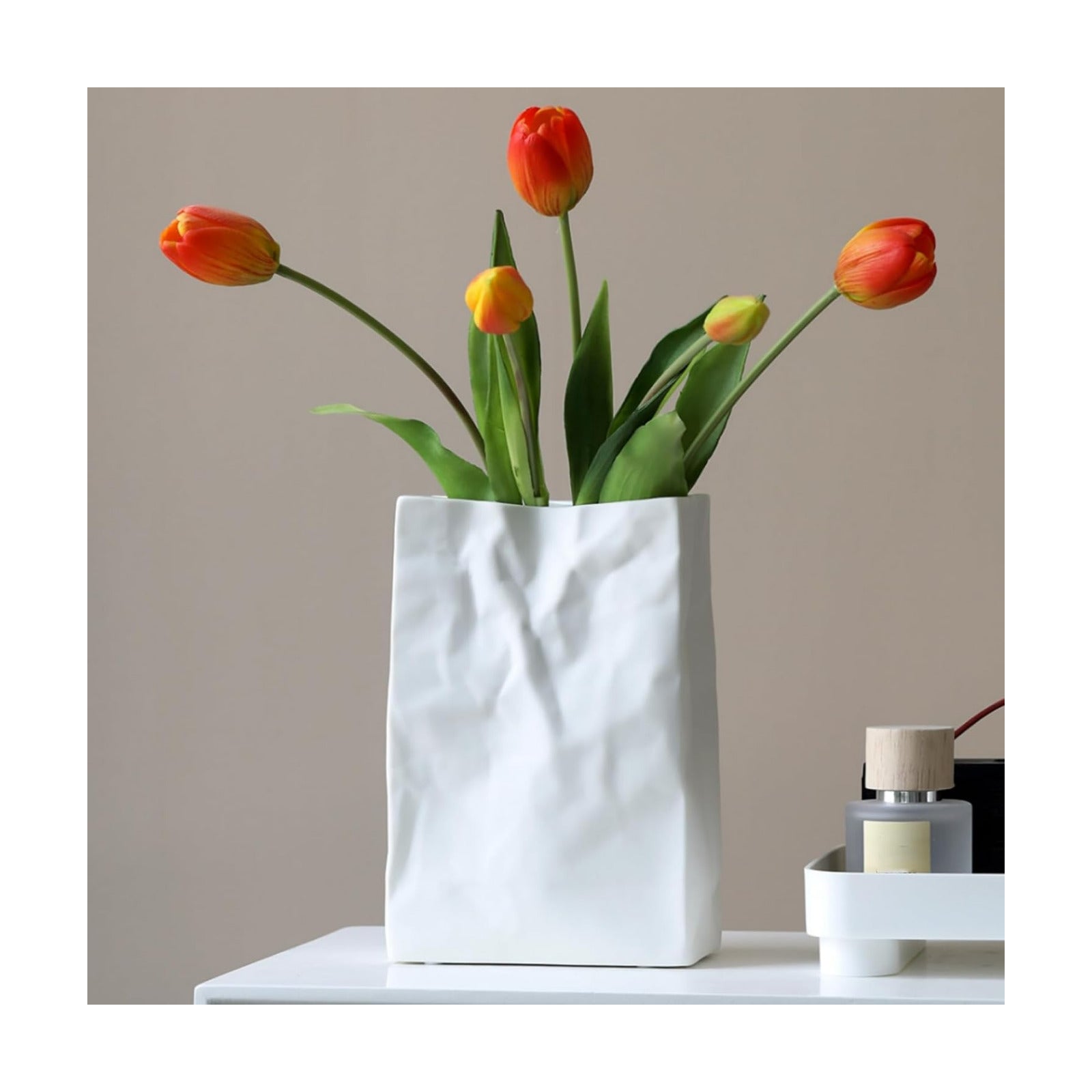 Crinkle Paper Bag Ceramic Vase / White / 7.5 Inch