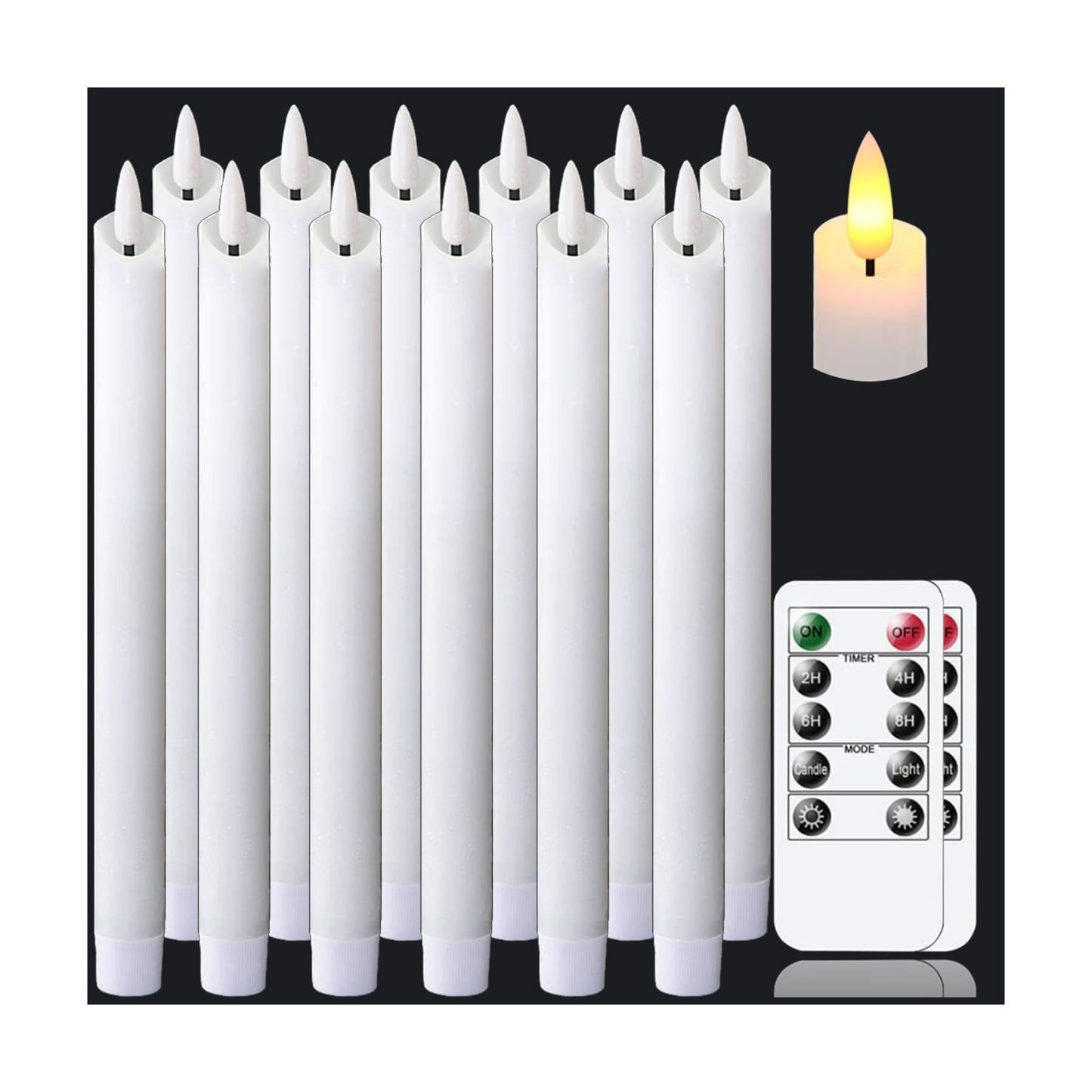 Flameless White Taper Candles Flickering with Timer and 10-Key Remote, Battery Operated LDE Warm 3D Wick Light Window