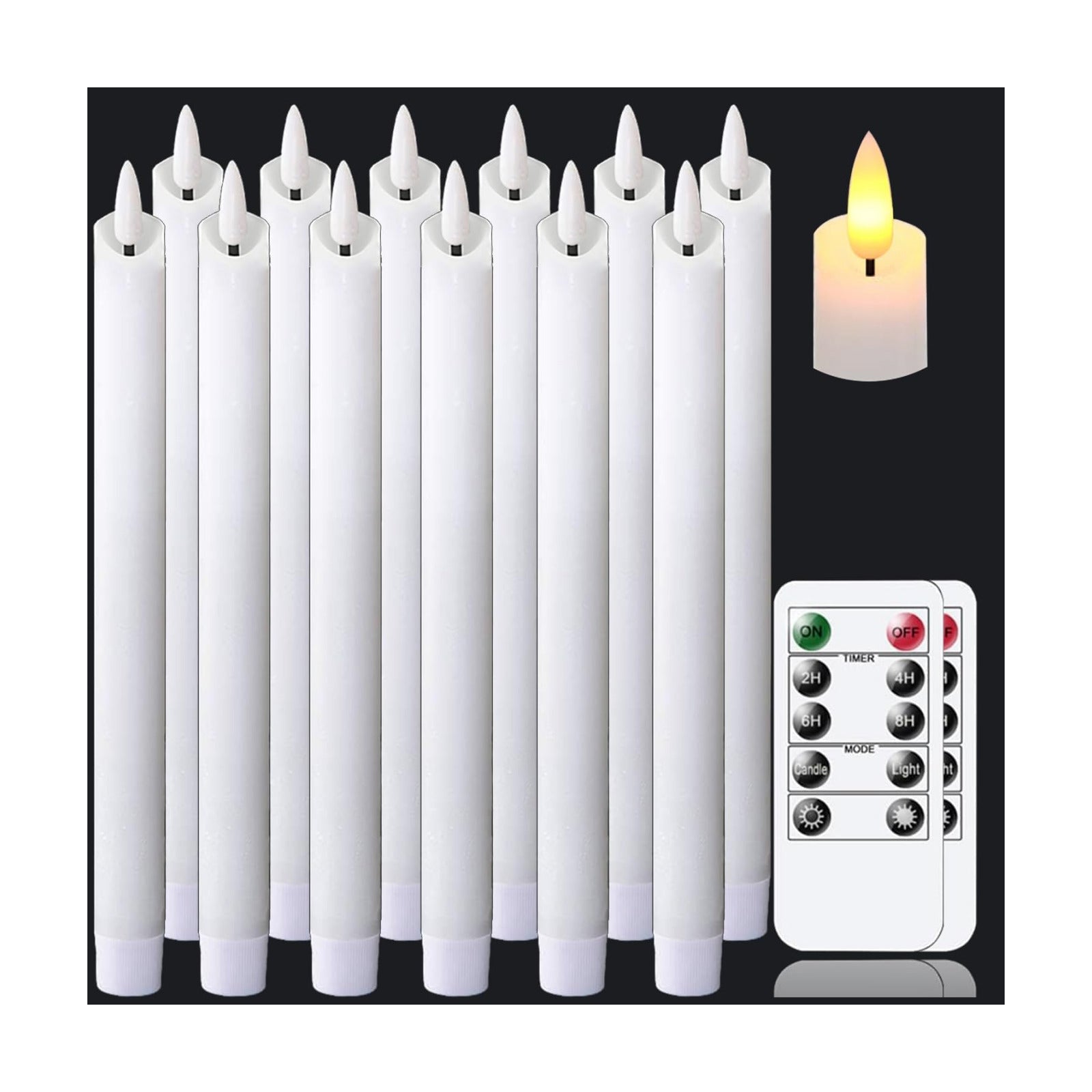 Flameless White Taper Candles Flickering with Timer and 10-Key Remote, Battery Operated LDE Warm 3D Wick Light Window